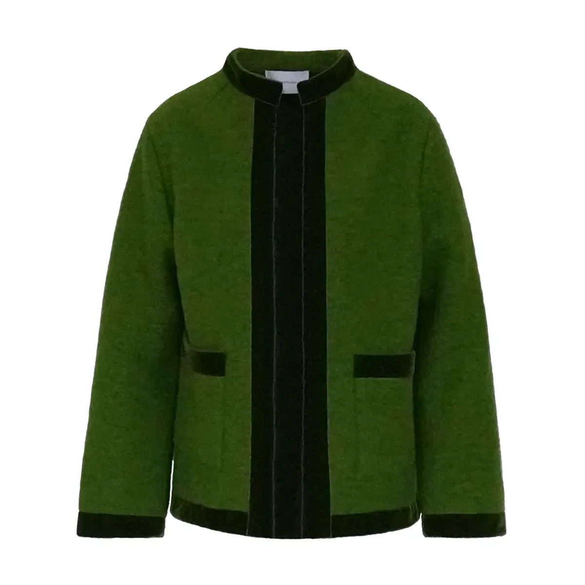 giacca PRISCILLA di Alessandra Gallo in lana cotta verde con bordi in velluto - vista frontale - The Wool collection