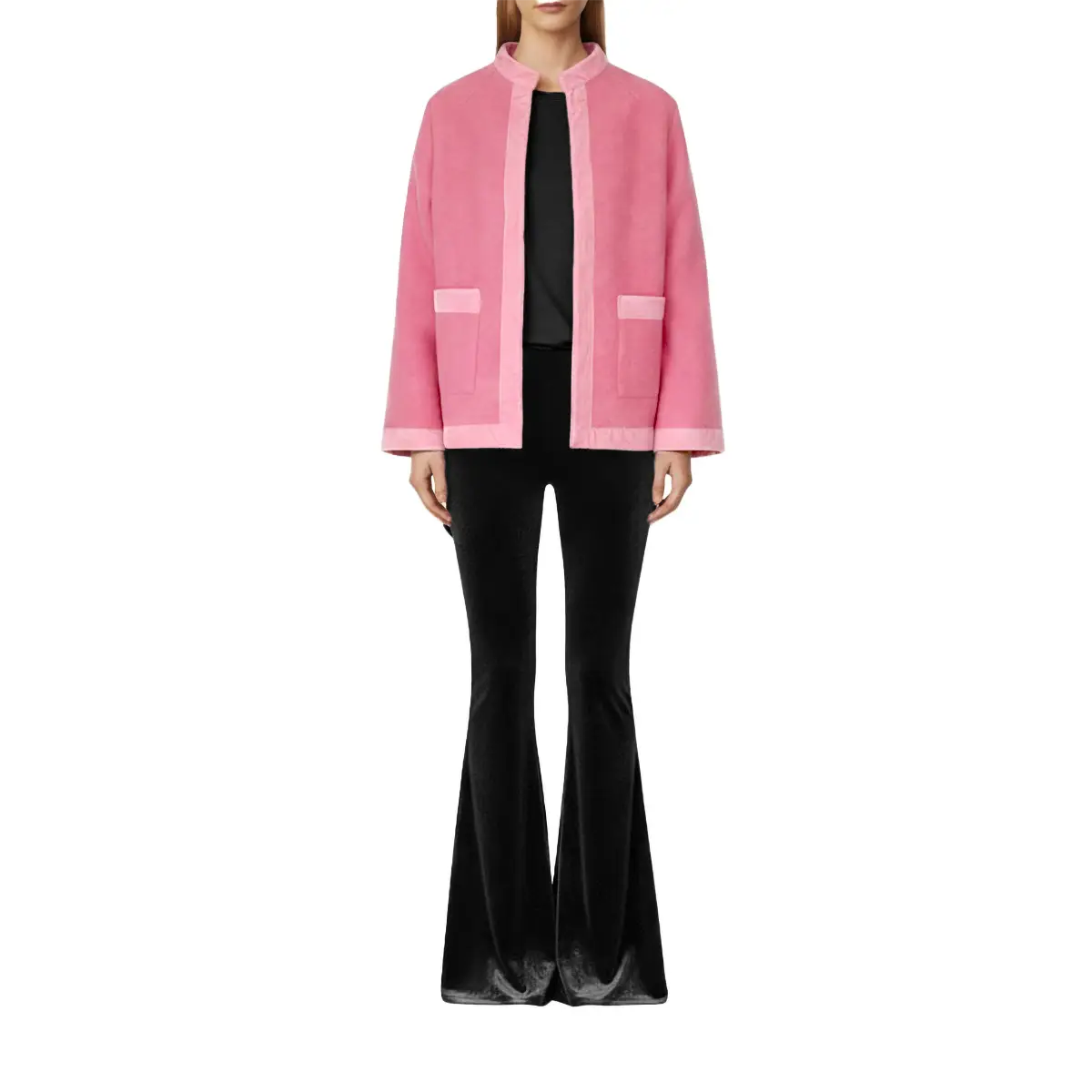 giacca PRISCILLA di Alessandra Gallo in lana cotta rosa con bordi in velluto - indossata frontale - The Wool collection