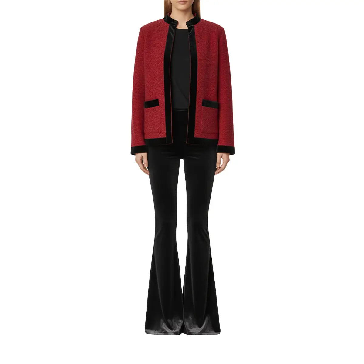 giacca PRISCILLA di Alessandra Gallo in lana cotta rosso con bordi in velluto nero - indossata frontale - The Wool collection