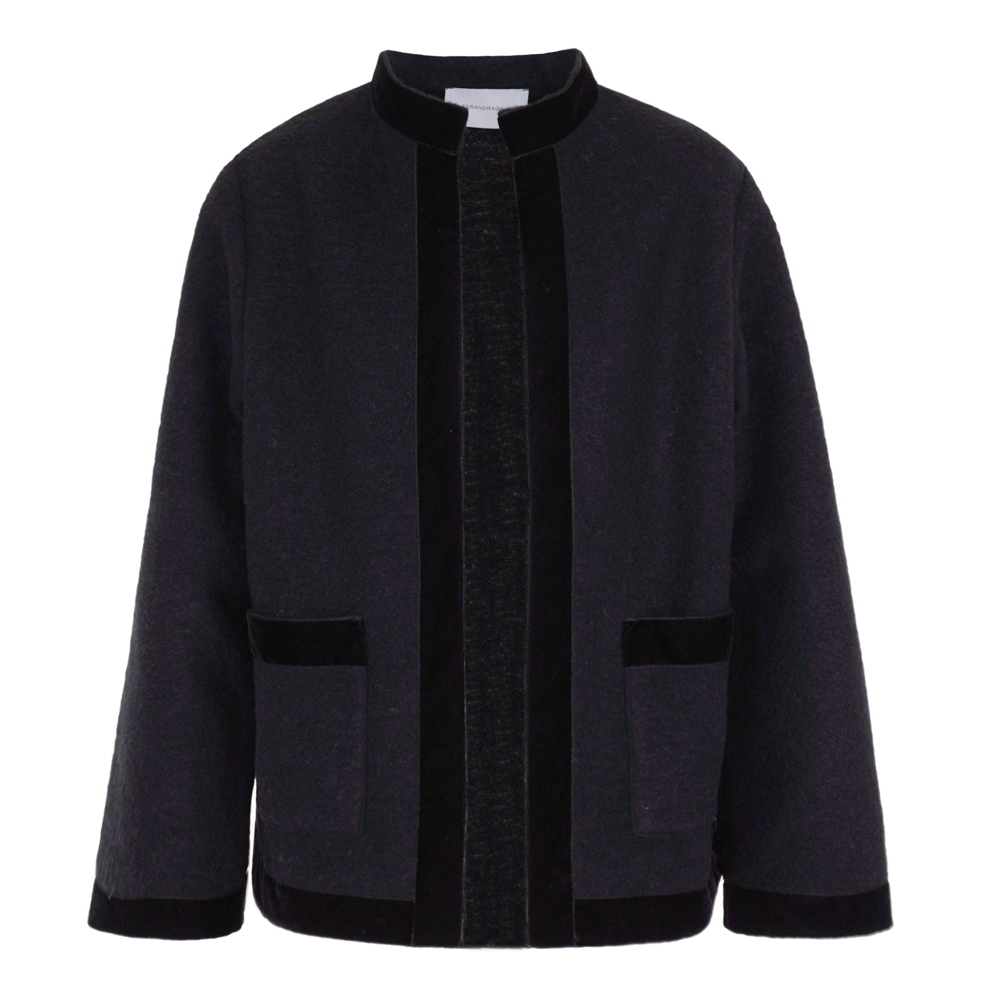 giacca PRISCILLA di Alessandra Gallo in lana cotta nera con finiture velluto - vista frontale  - The Wool Collection