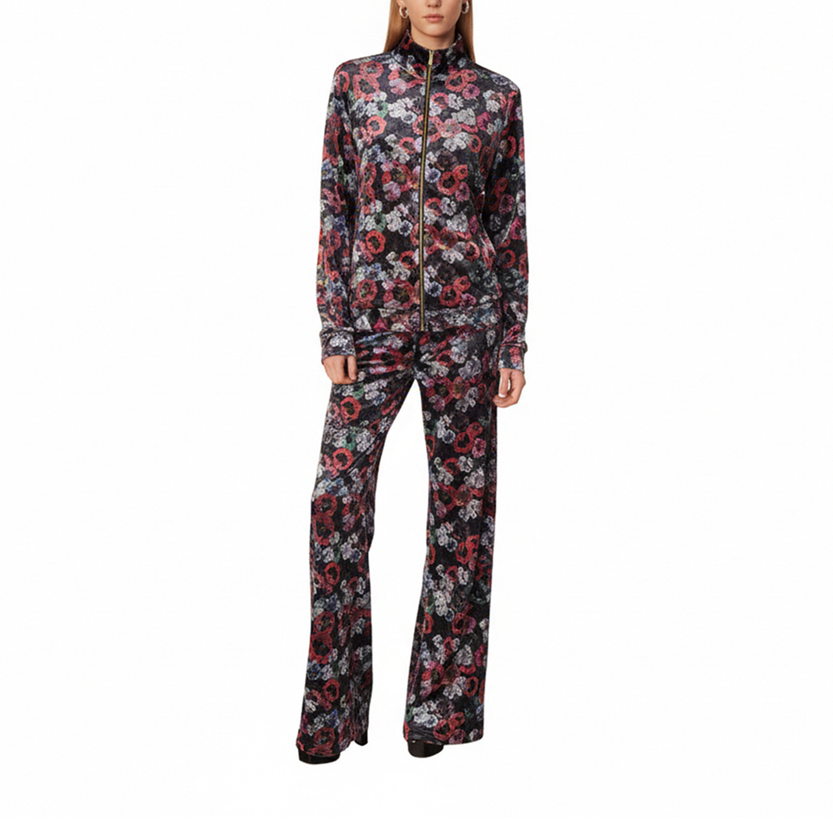 Felpa REINE di Alessandra Gallo in ciniglia martellata stampa fiori con maniche lunghe, zip e tasche - indossato frontale - Day&Night Collection