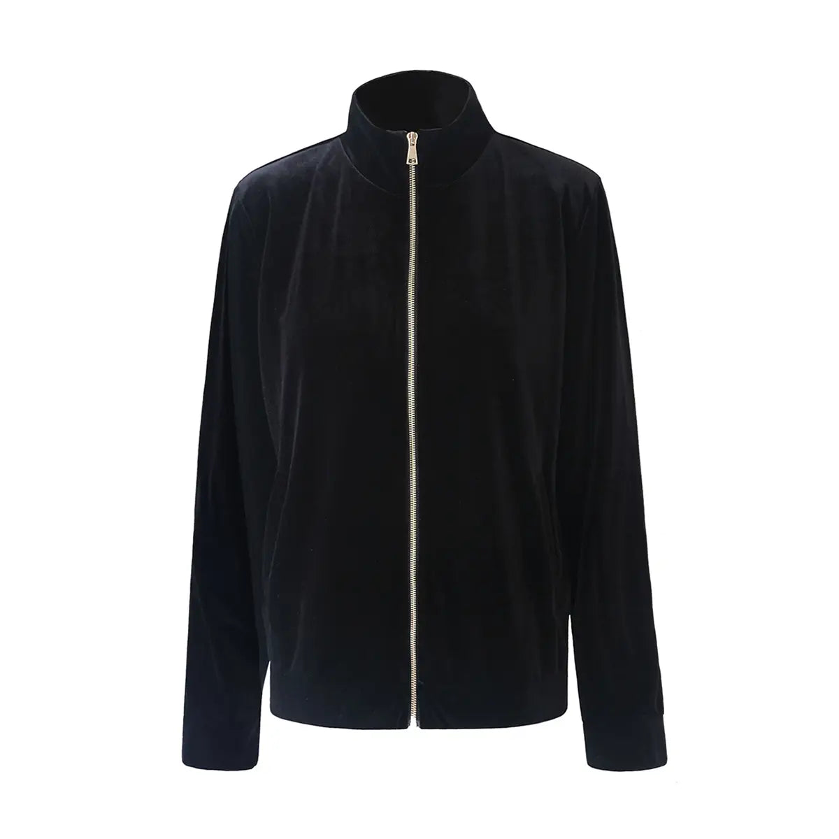 Felpa REINE di Alessandra Gallo in ciniglia nero con maniche lunghe, zip e tasche - vista frontale - Day&Night Collection