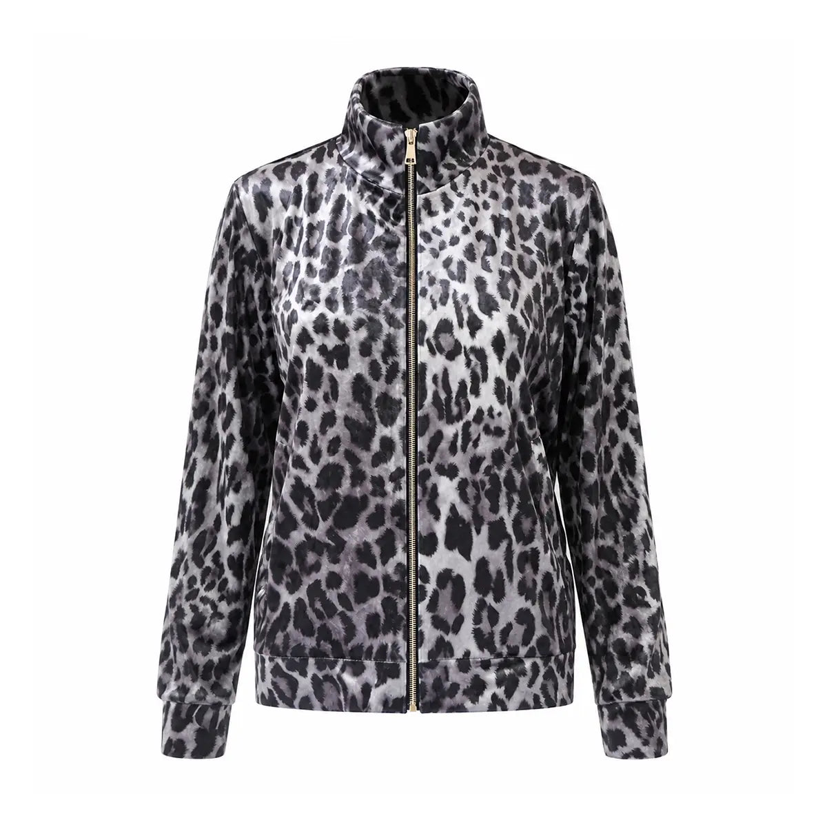 REINE, felpa in ciniglia animalier grigia martellata con zip, collo alto.