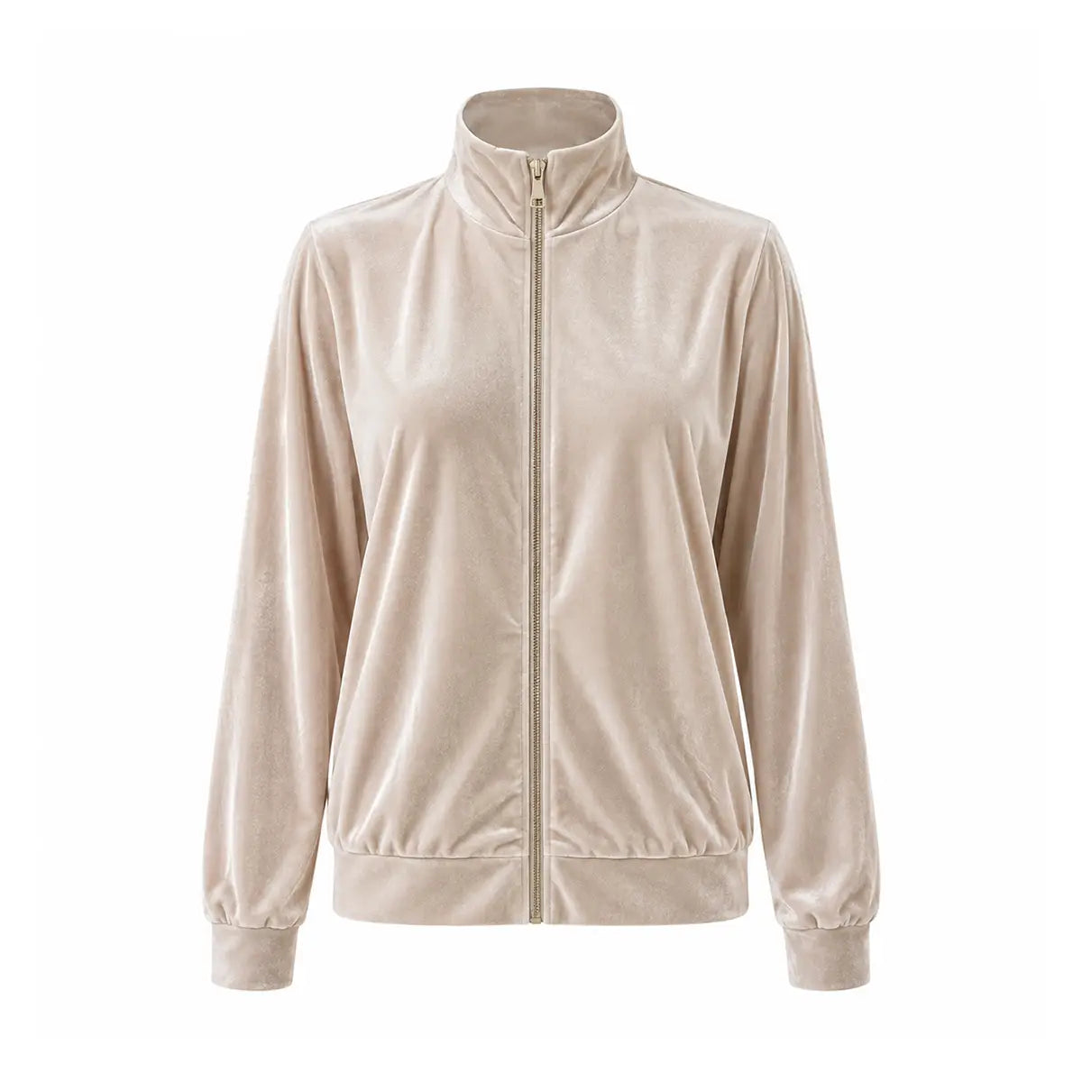 REINE, felpa in ciniglia crema con zip e tasche, collo alto.