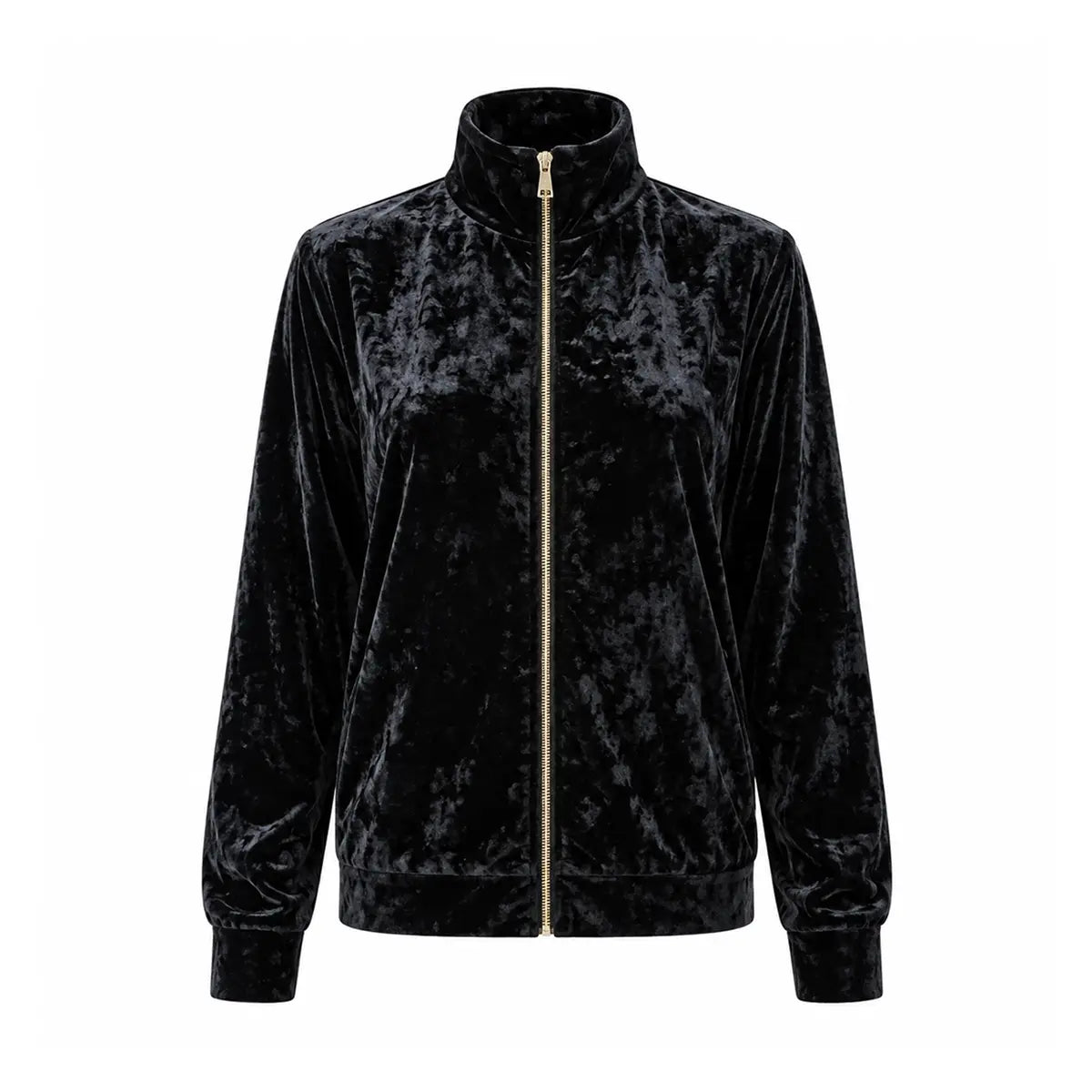 REINE, felpa in ciniglia martellata nera con zip, collo alto.