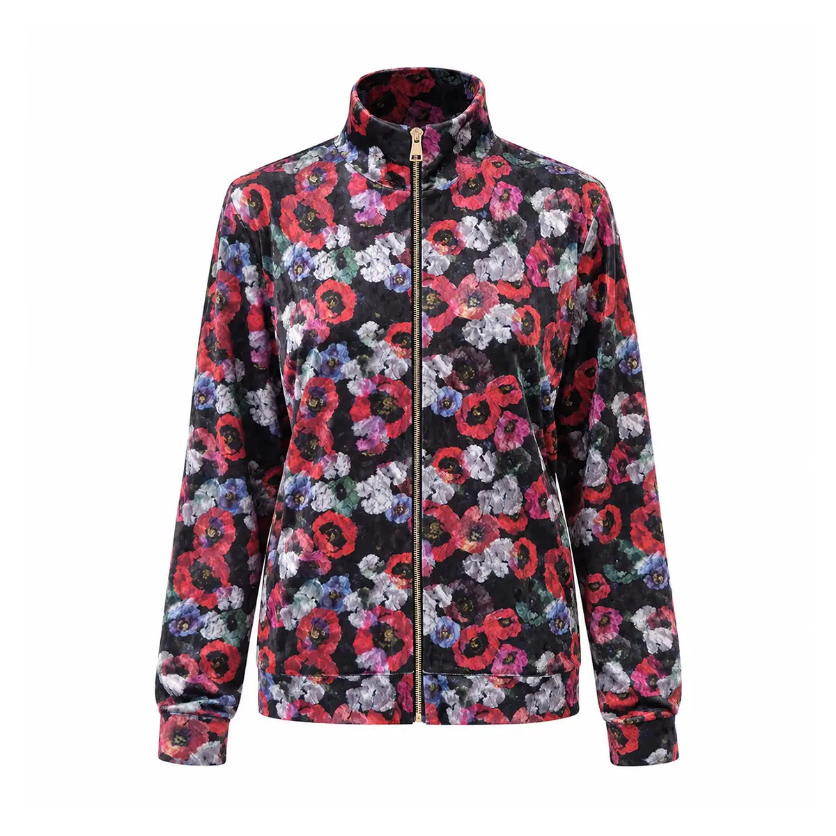 REINE, felpa in ciniglia martellata stampa floreale con zip e tasche, collo alto.