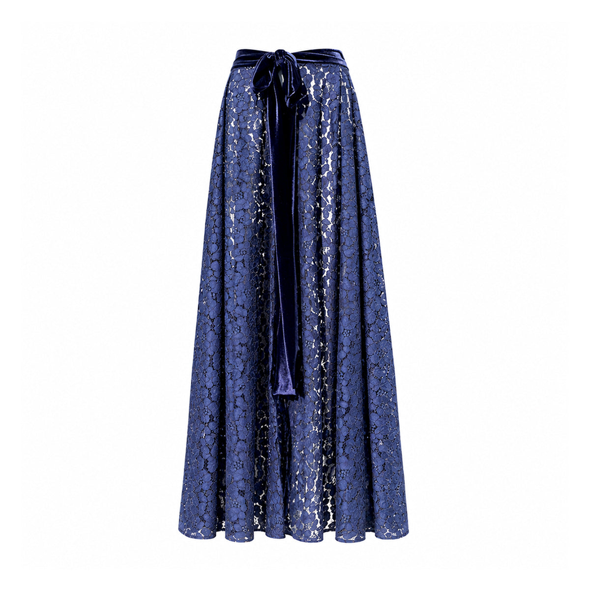 SALLY, gonna lunga in pizzo blu con cintura annodata.