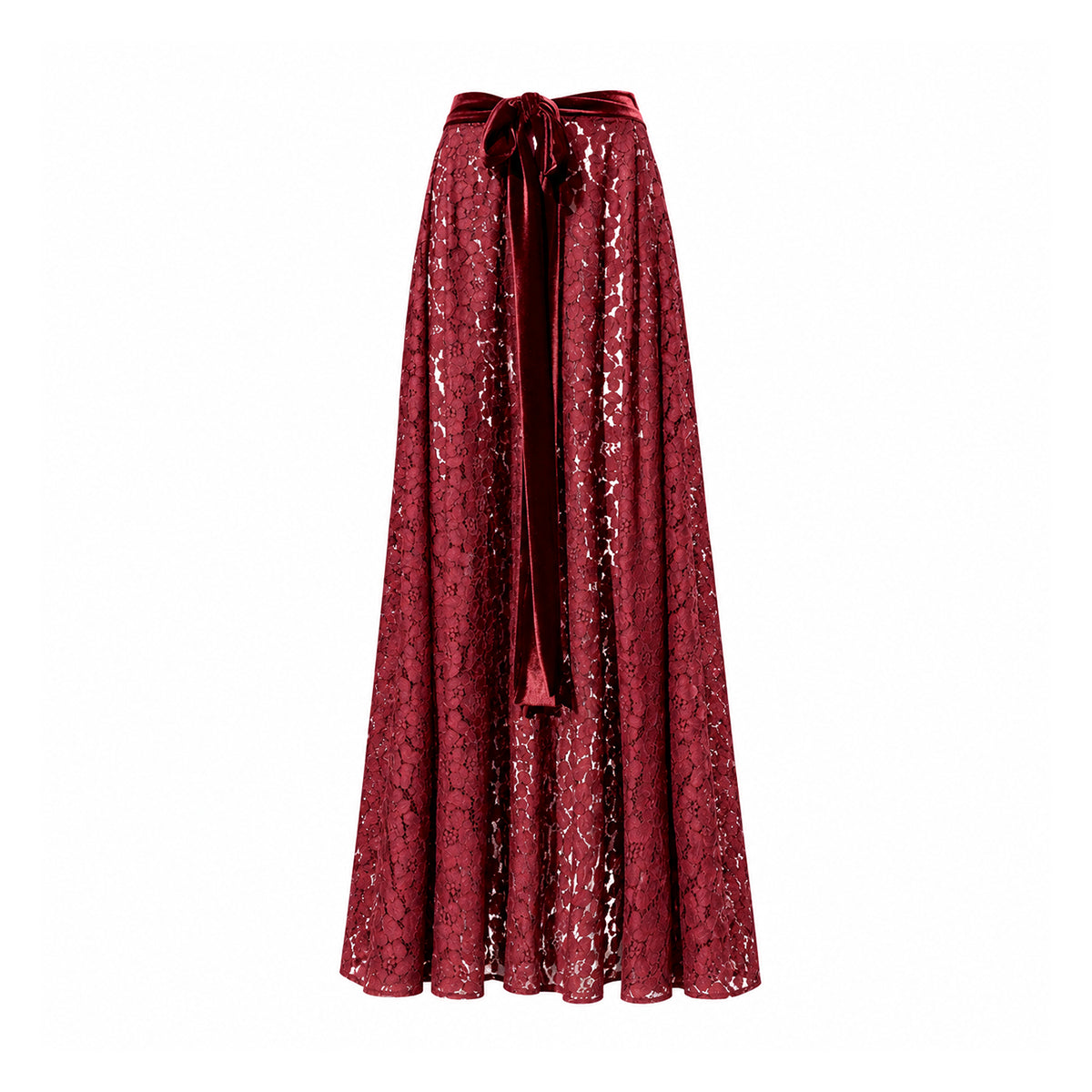 SALLY, gonna lunga in pizzo bordeaux con cintura annodata.