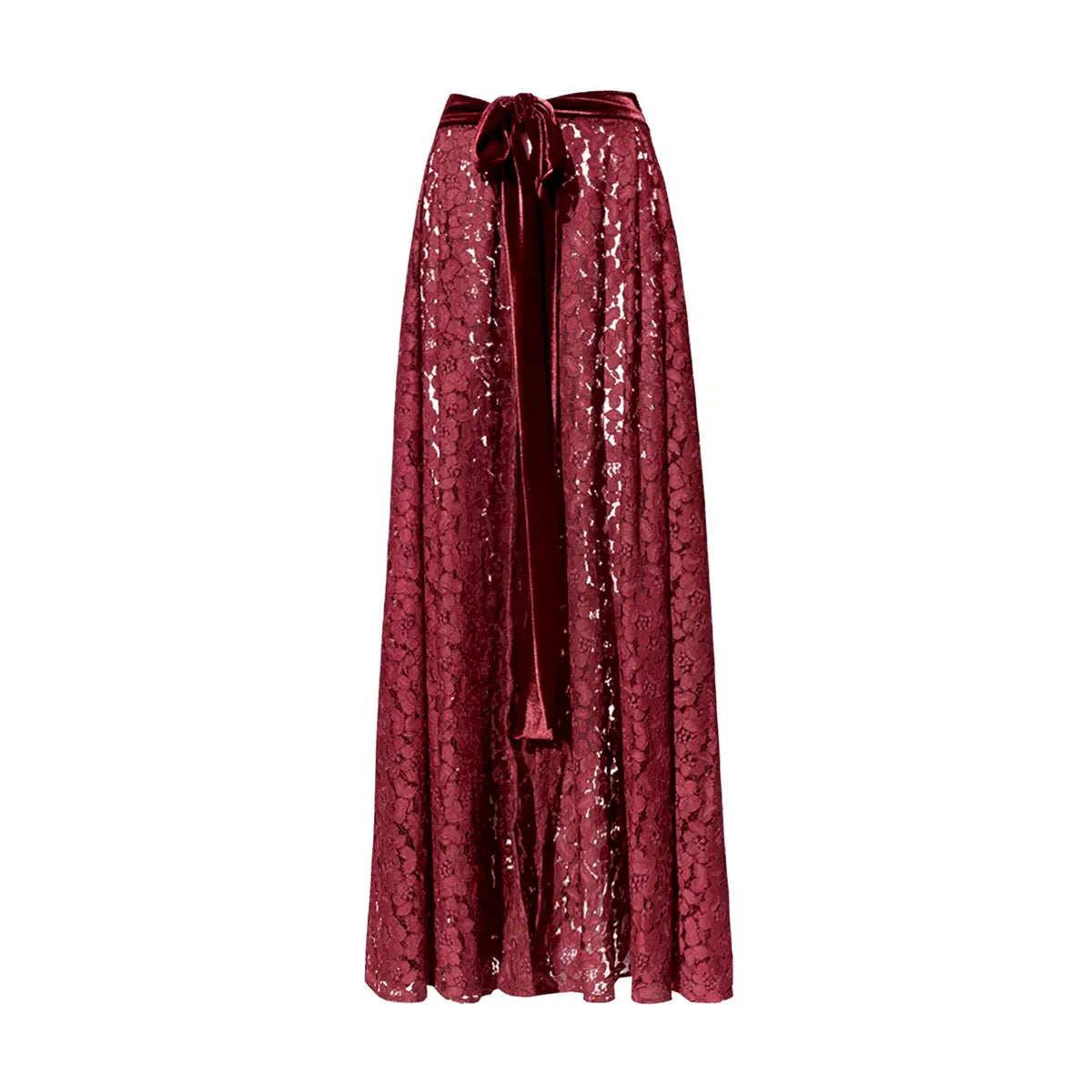 Gonna lunga SALLY di Alessandra Gallo in pizzo bordeaux con cintura in vita in ciniglia bordeaux - vista frontale - The Dreamy Collection