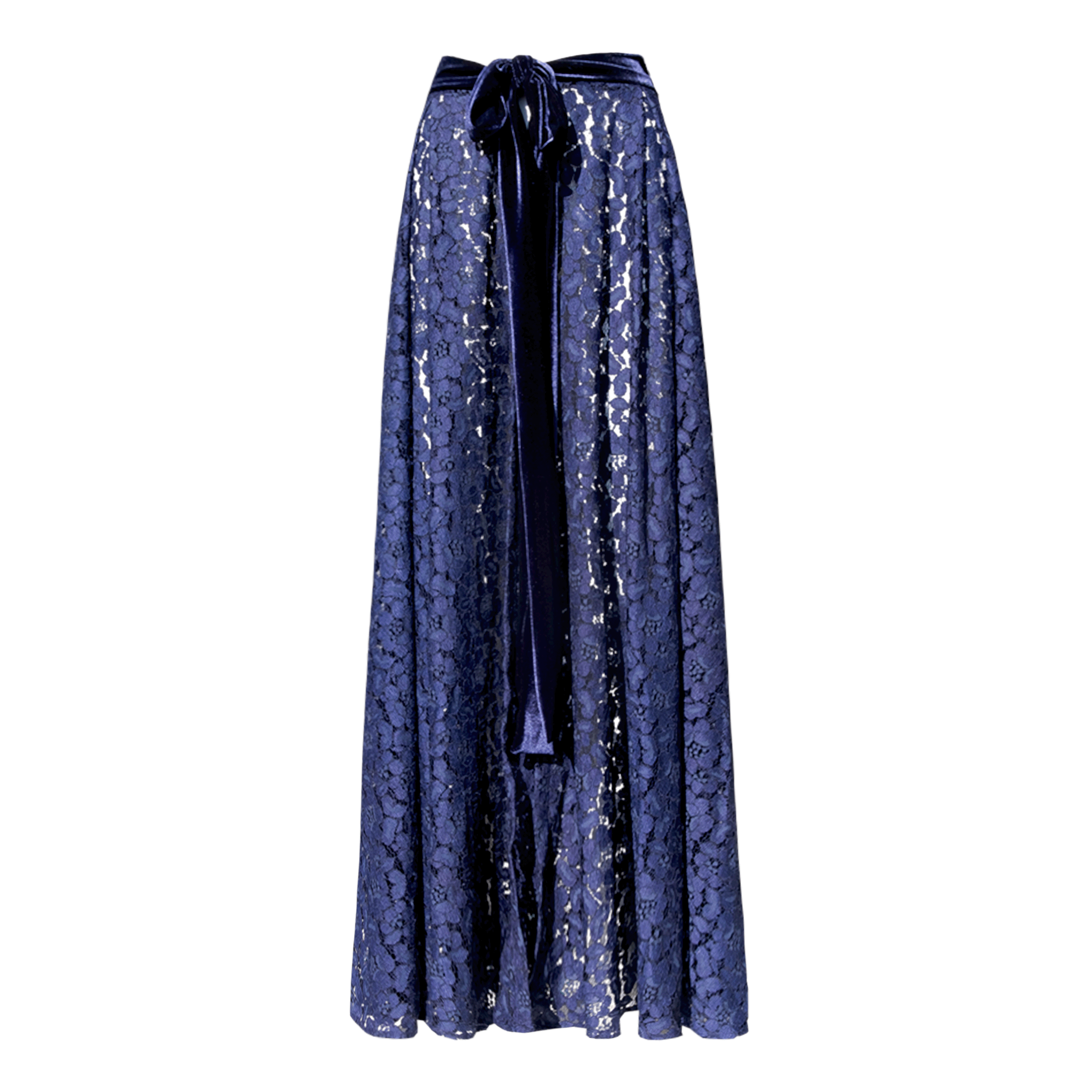 Gonna lunga SALLY di Alessandra Gallo in  pizzo blu con cintura in vita in ciniglia - vista frontale - The Dreamy Collection