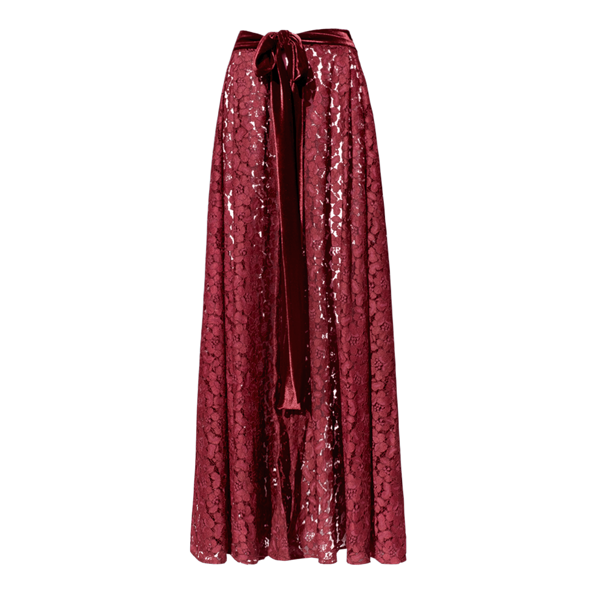 Gonna lunga SALLY di Alessandra Gallo in pizzo bordeaux con cintura in vita in ciniglia bordeaux - vista frontale - The Dreamy Collection