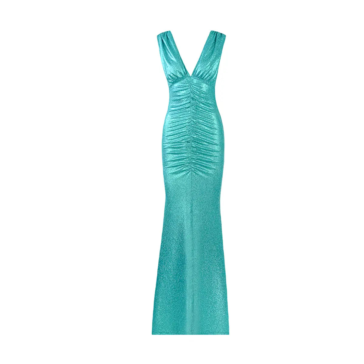 SELENE, abito lungo in lurex verde con scollo a V e linea a sirena.