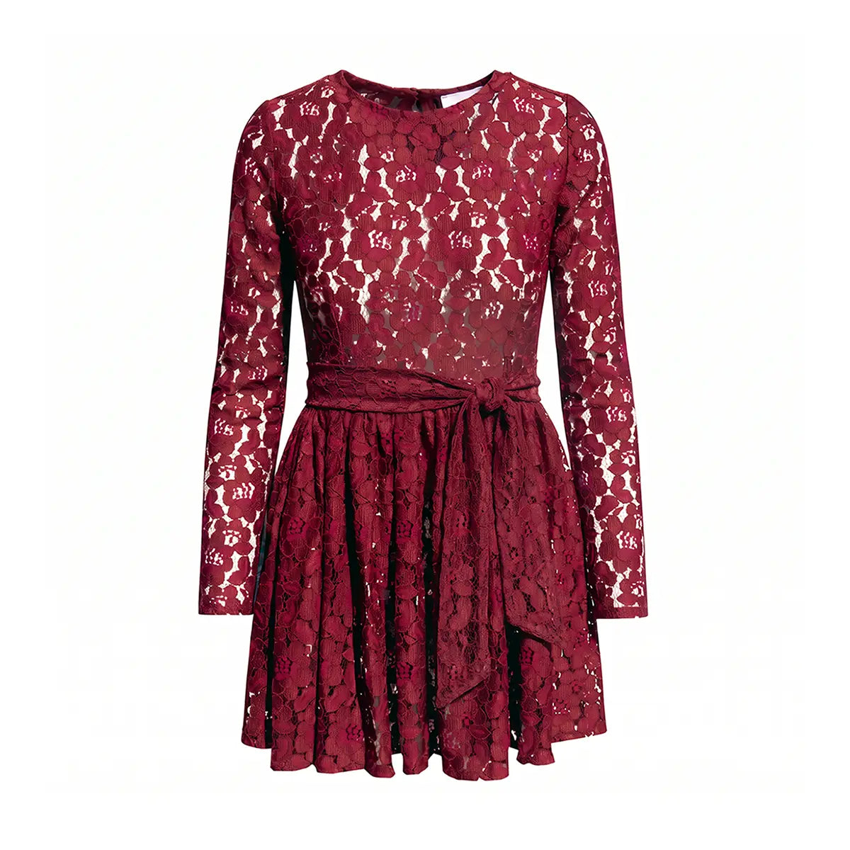 SIMONA, abito corto in pizzo bordeaux con maniche lunghe e cintura in vita.