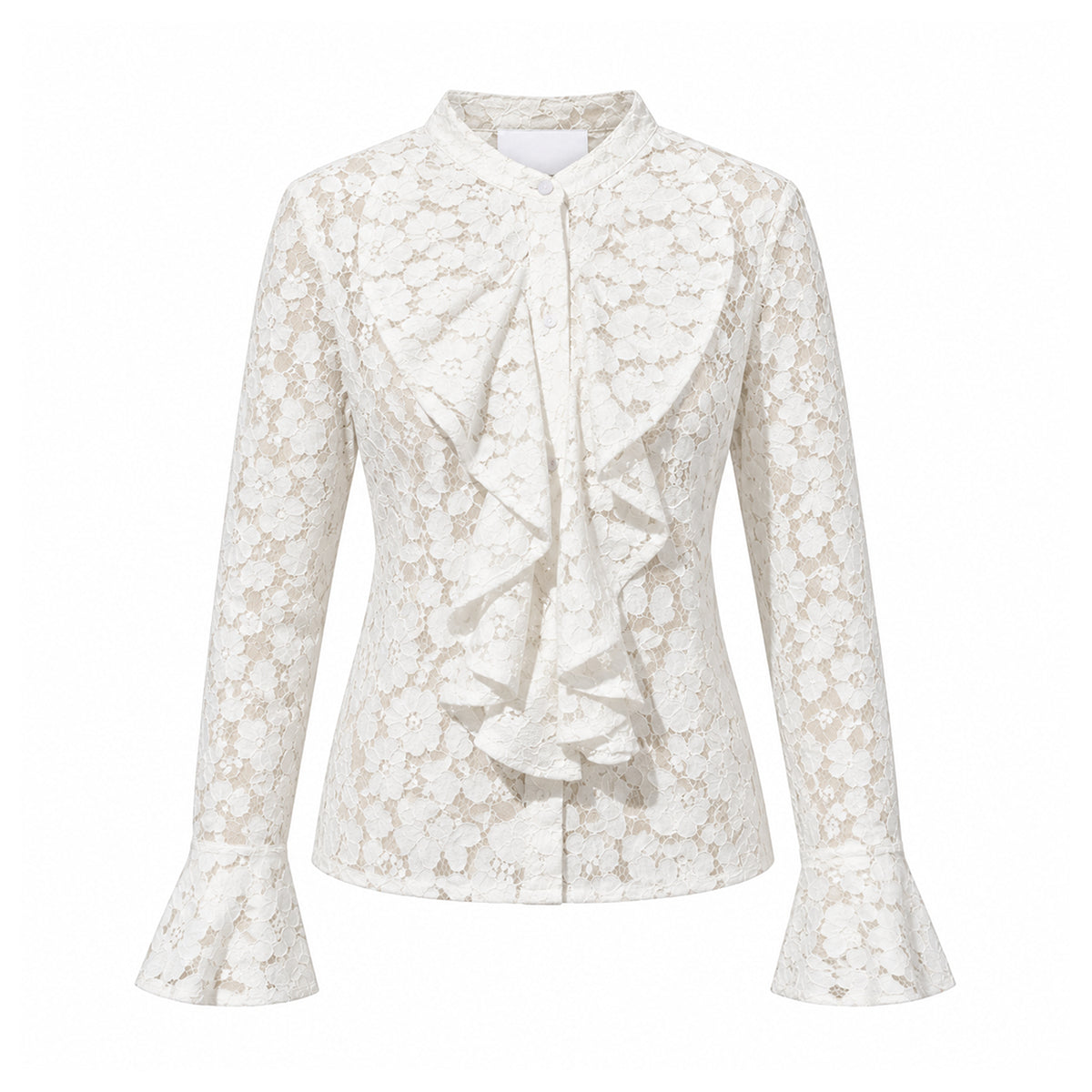 SOFIA, camicia in pizzo bianco con rouches sul davanti e maniche lunghe.