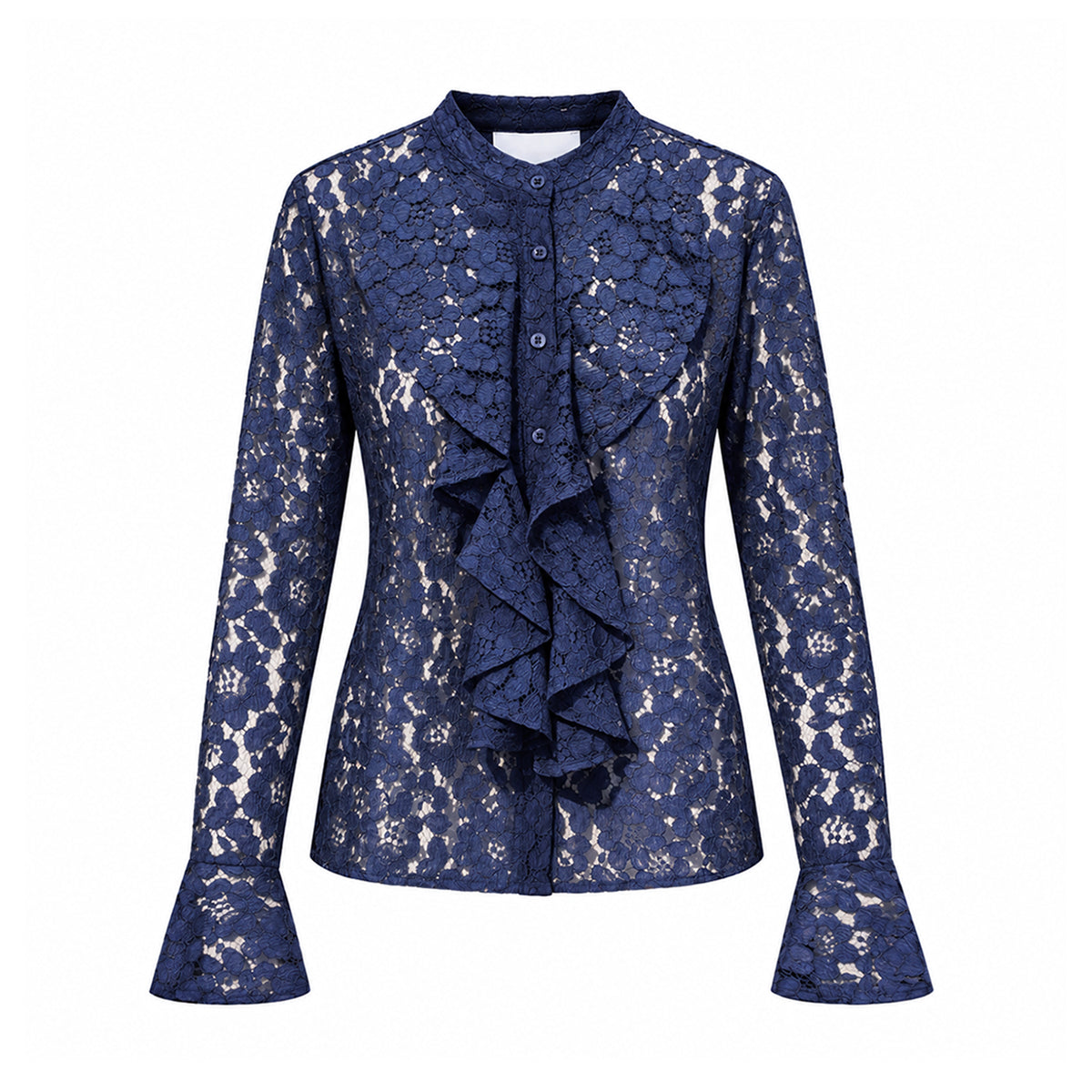 SOFIA, camicia in pizzo blu con rouches sul davanti e maniche lunghe.