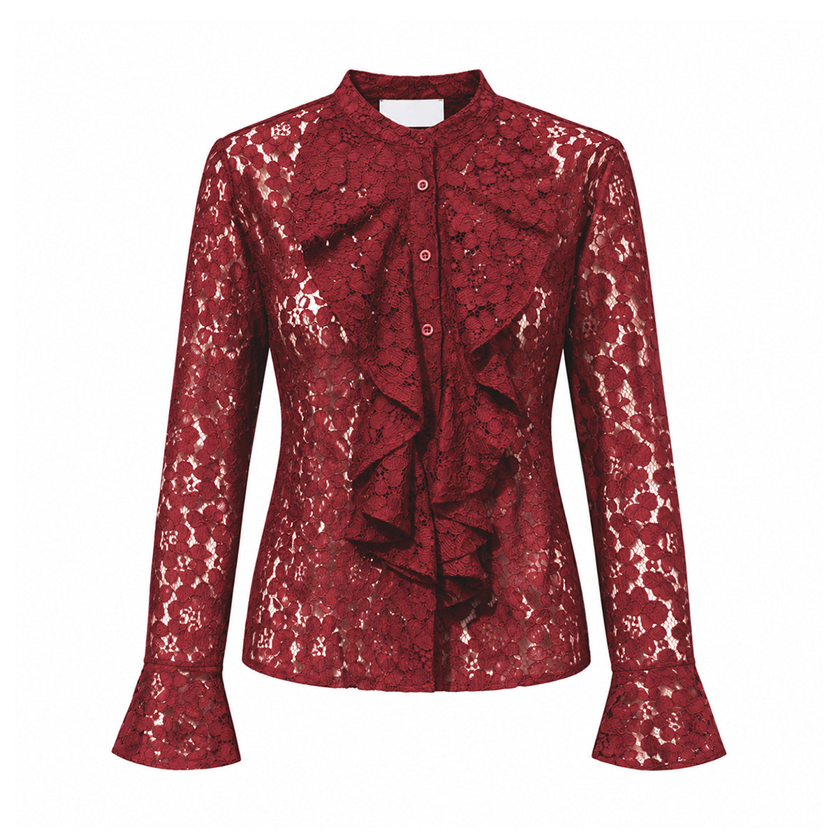 SOFIA, camicia in pizzo bordeaux con rouches sul davanti e maniche lunghe.