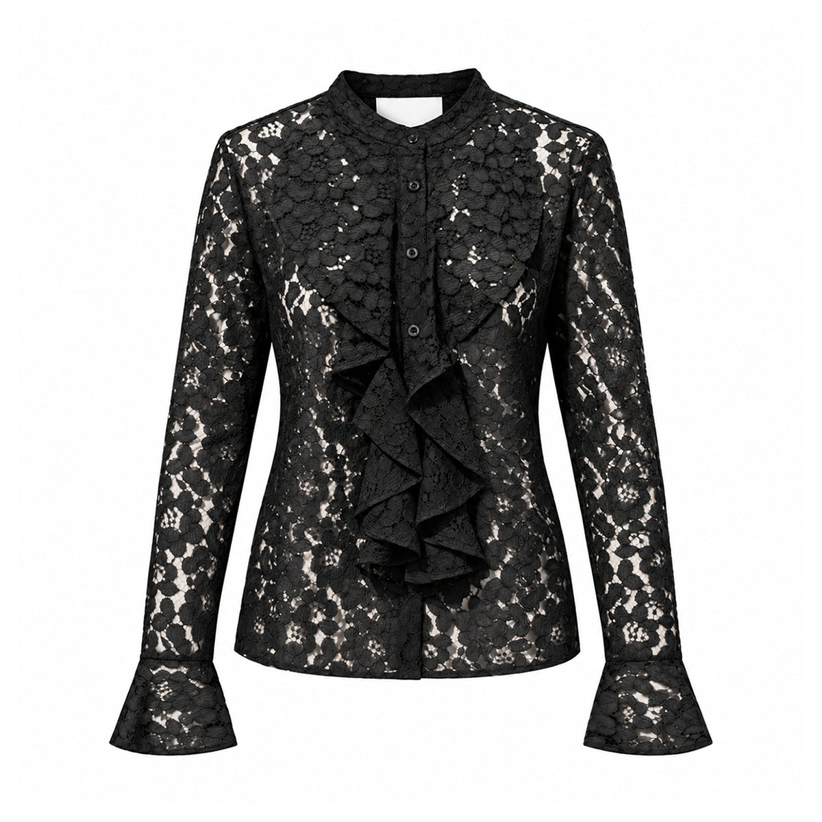 SOFIA, camicia in pizzo nero con rouches sul davanti e maniche lunghe.