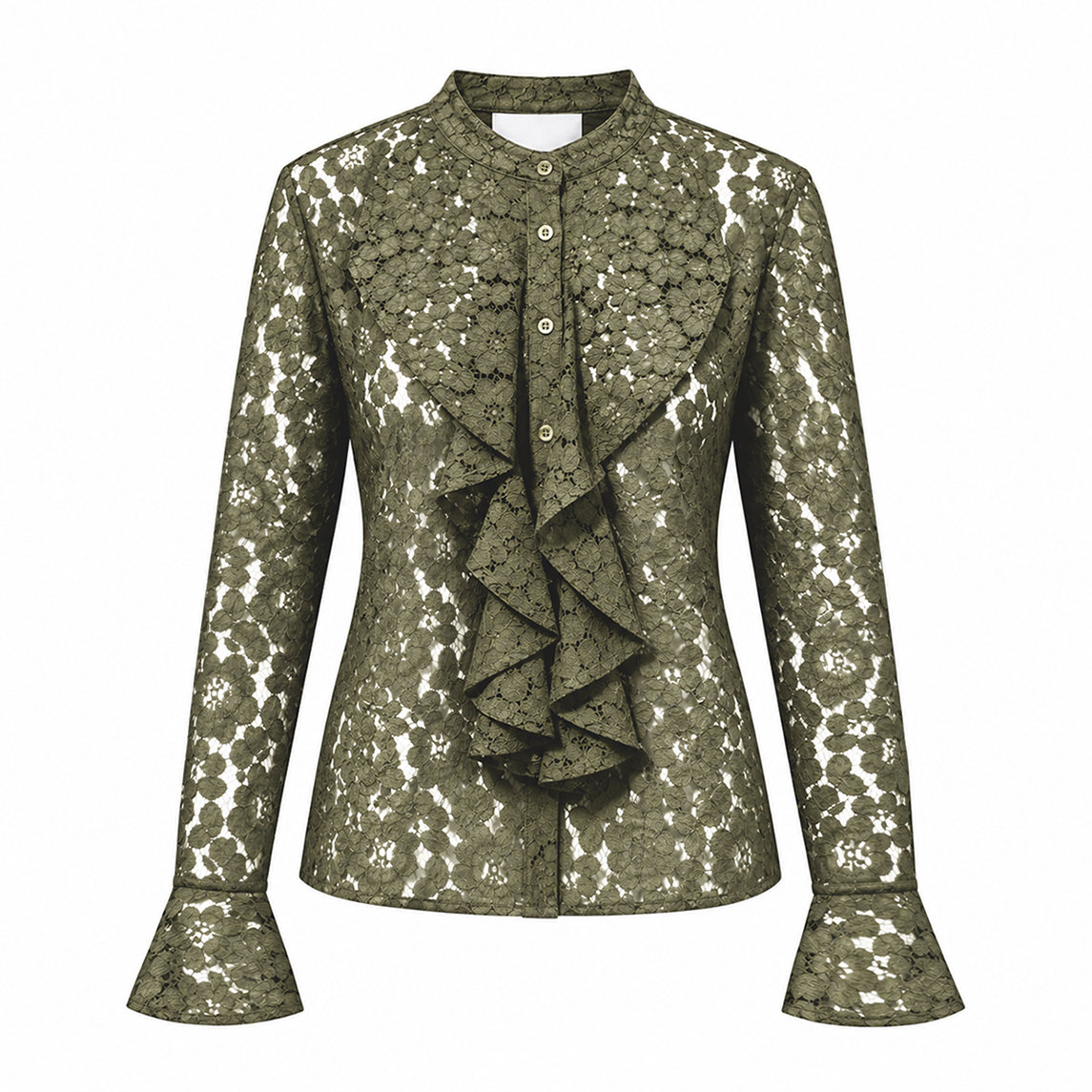 SOFIA, camicia in pizzo verde con rouches sul davanti e maniche lunghe.