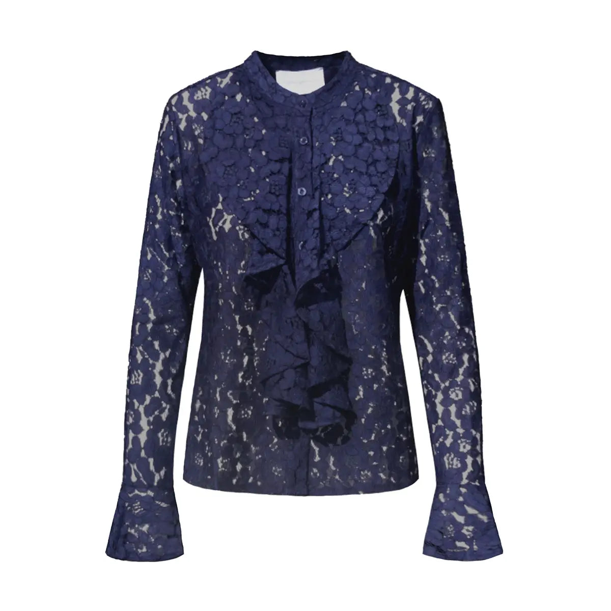 Camicia SOFIA di Alessandra Gallo in pizzo blu con rouge d'avanti e sulle maniche - vista frontale - The Dreamy Collection