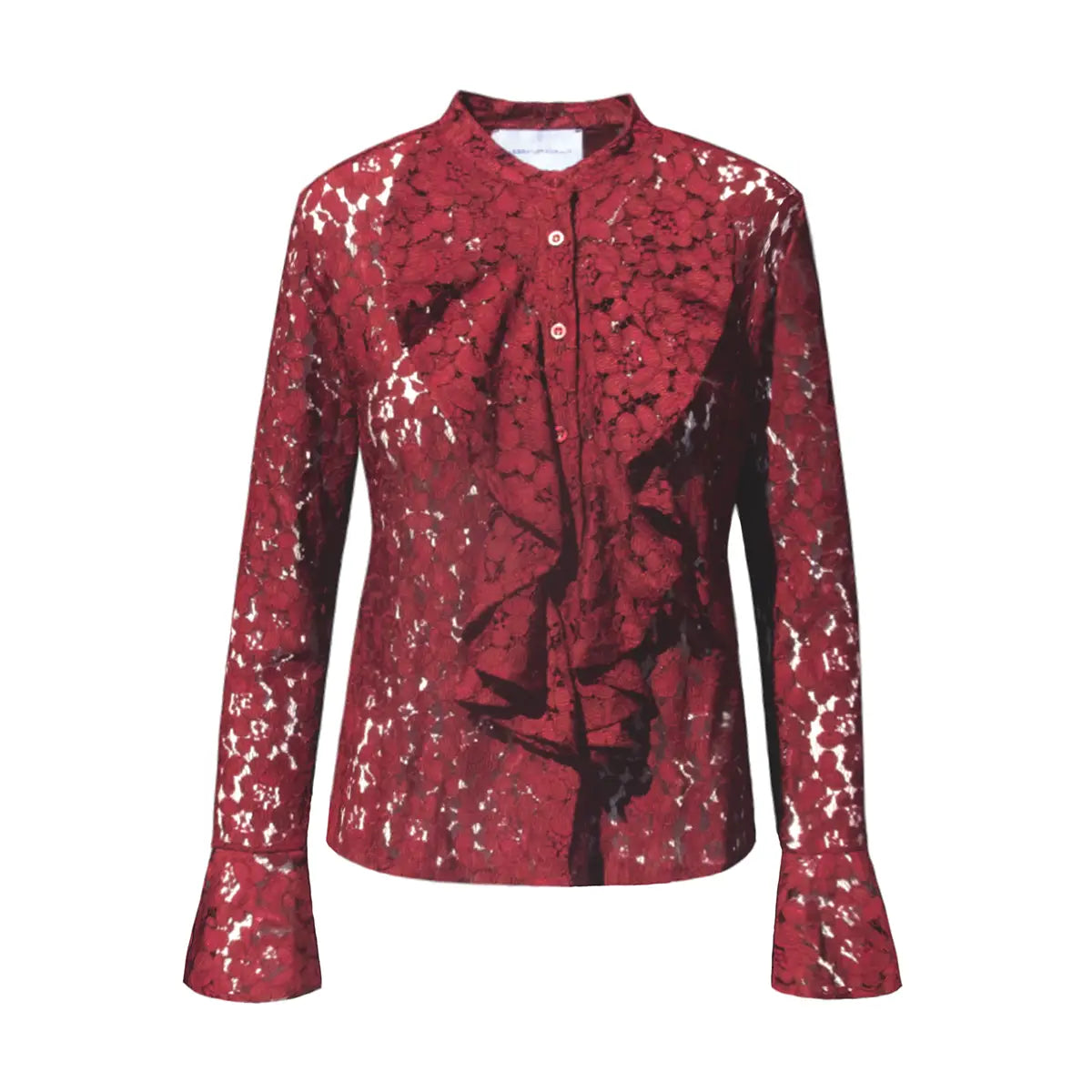 Camicia SOFIA di Alessandra Gallo in pizzo bordeaux con rouge d'avanti e sulle maniche - vista frontale - The Dreamy Collection
