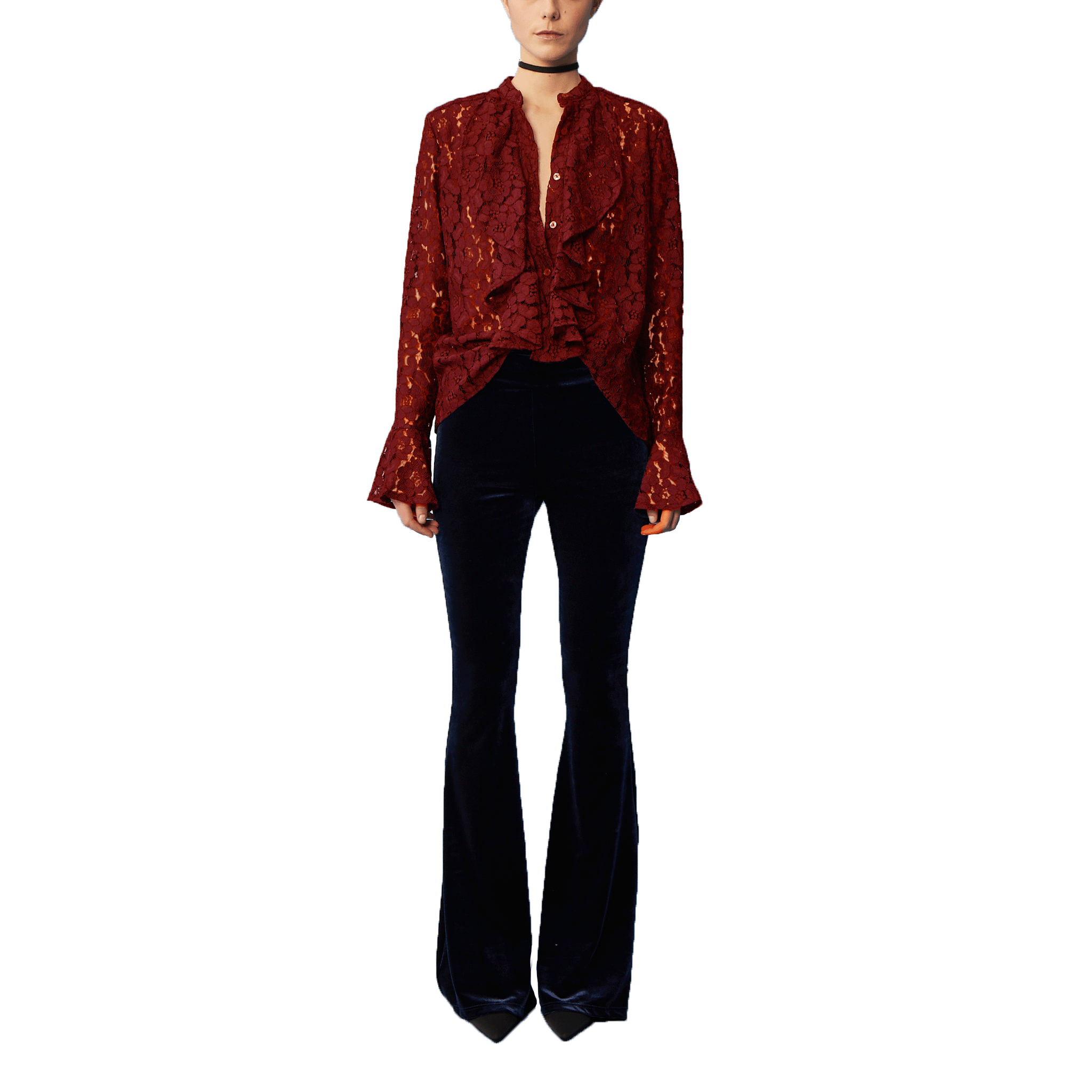 Camicia SOFIA di Alessandra Gallo in pizzo bordeaux con rouge d'avanti e sulle maniche - indossato frontale - The Dreamy Collection