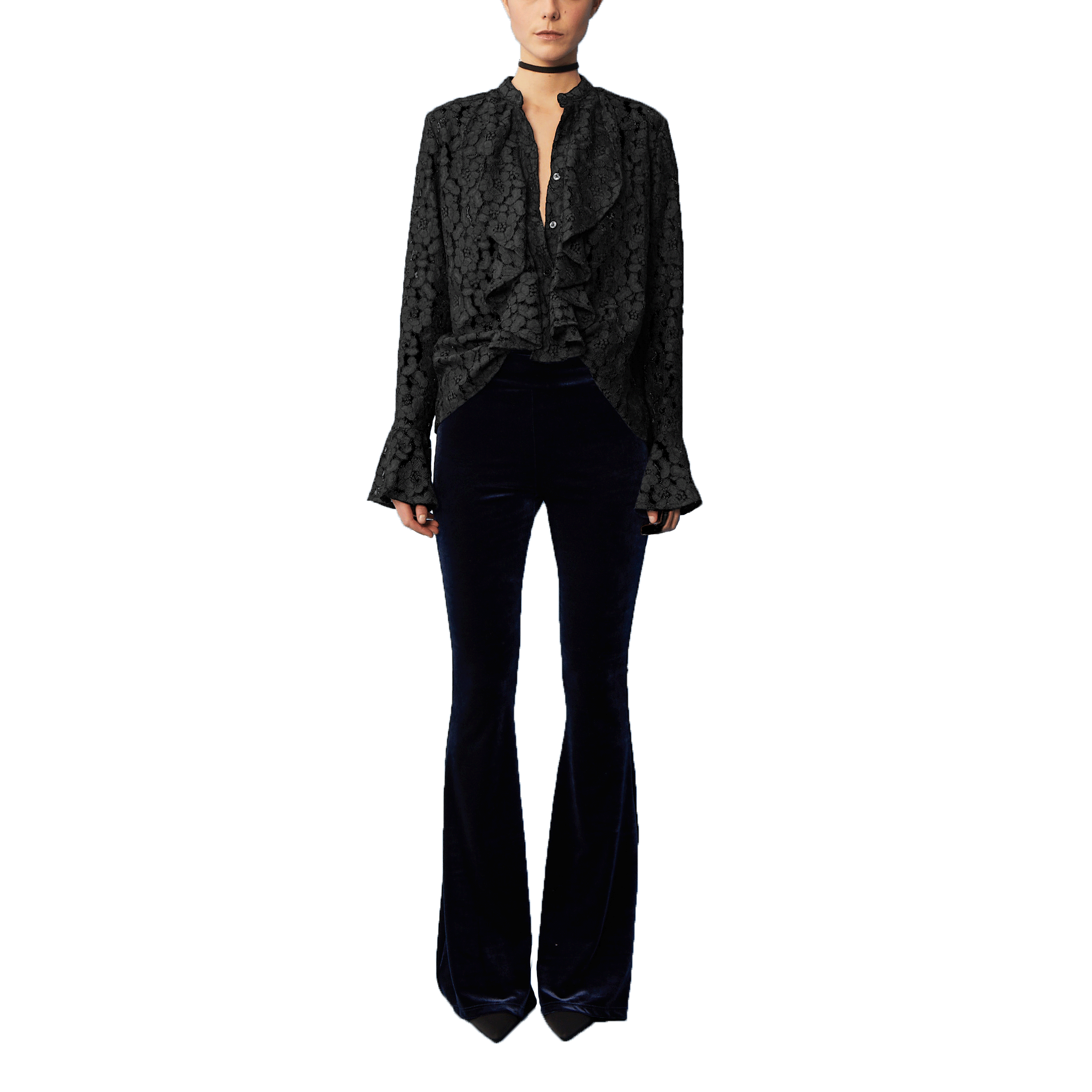 Camicia SOFIA di Alessandra Gallo in pizzo nero con rouge d'avanti e sulle maniche - indossata frontale - The Dreamy Collection