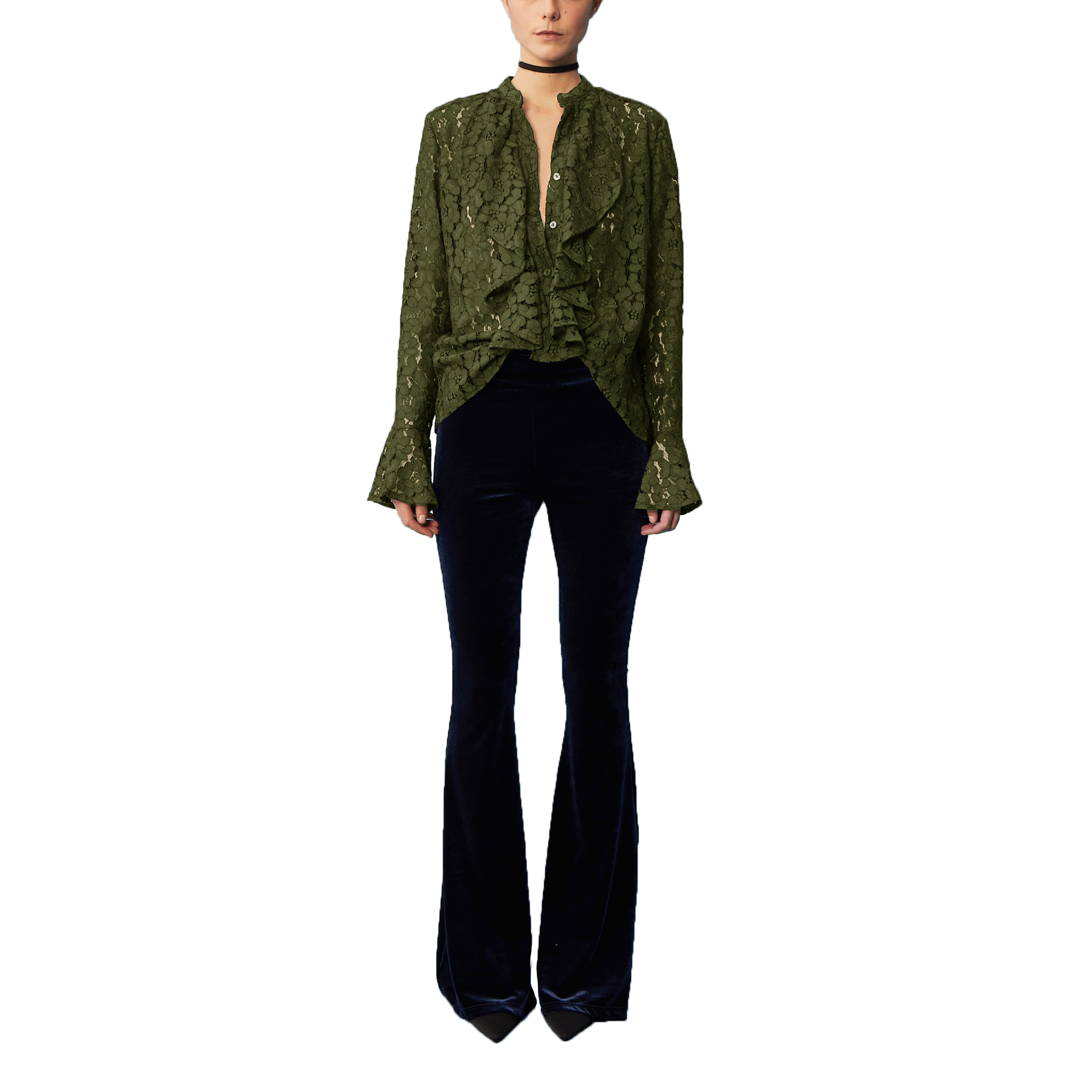 Camicia SOFIA di Alessandra Gallo in pizzo verde con rouge d'avanti e sulle maniche - indossata frontale - The Dreamy Collection
