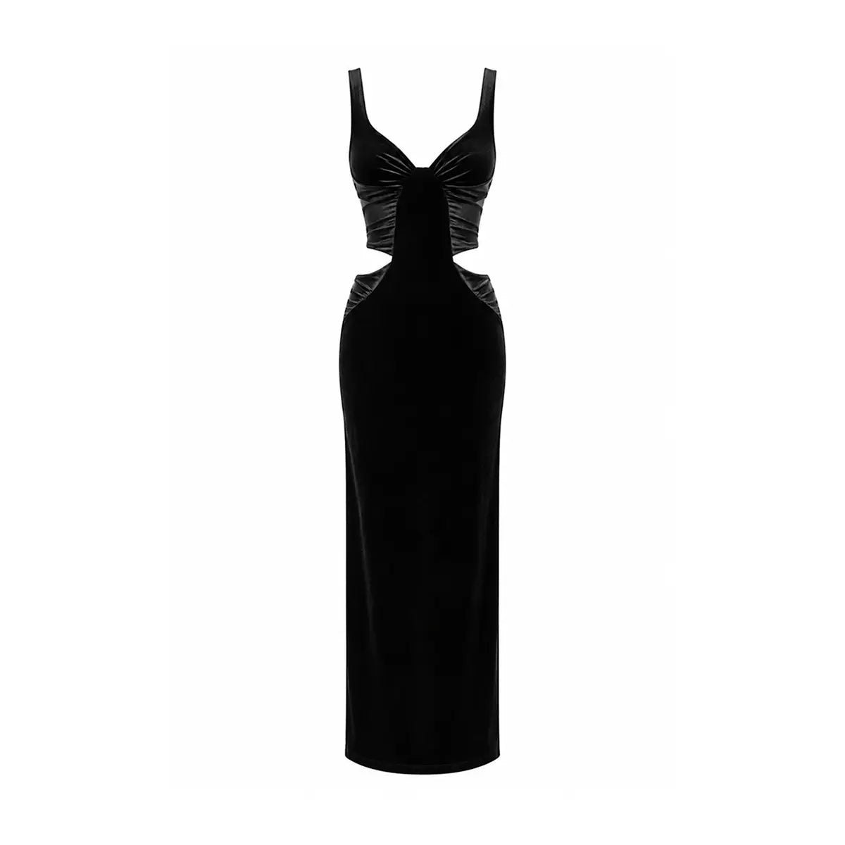 SOLE, Abito Lungo in Ciniglia Nera con cut-out.