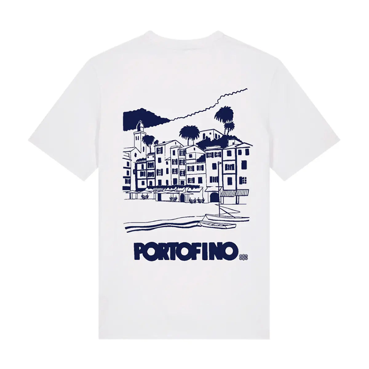 T-shirt Portofino bianca, vista del lato con stampa blu.