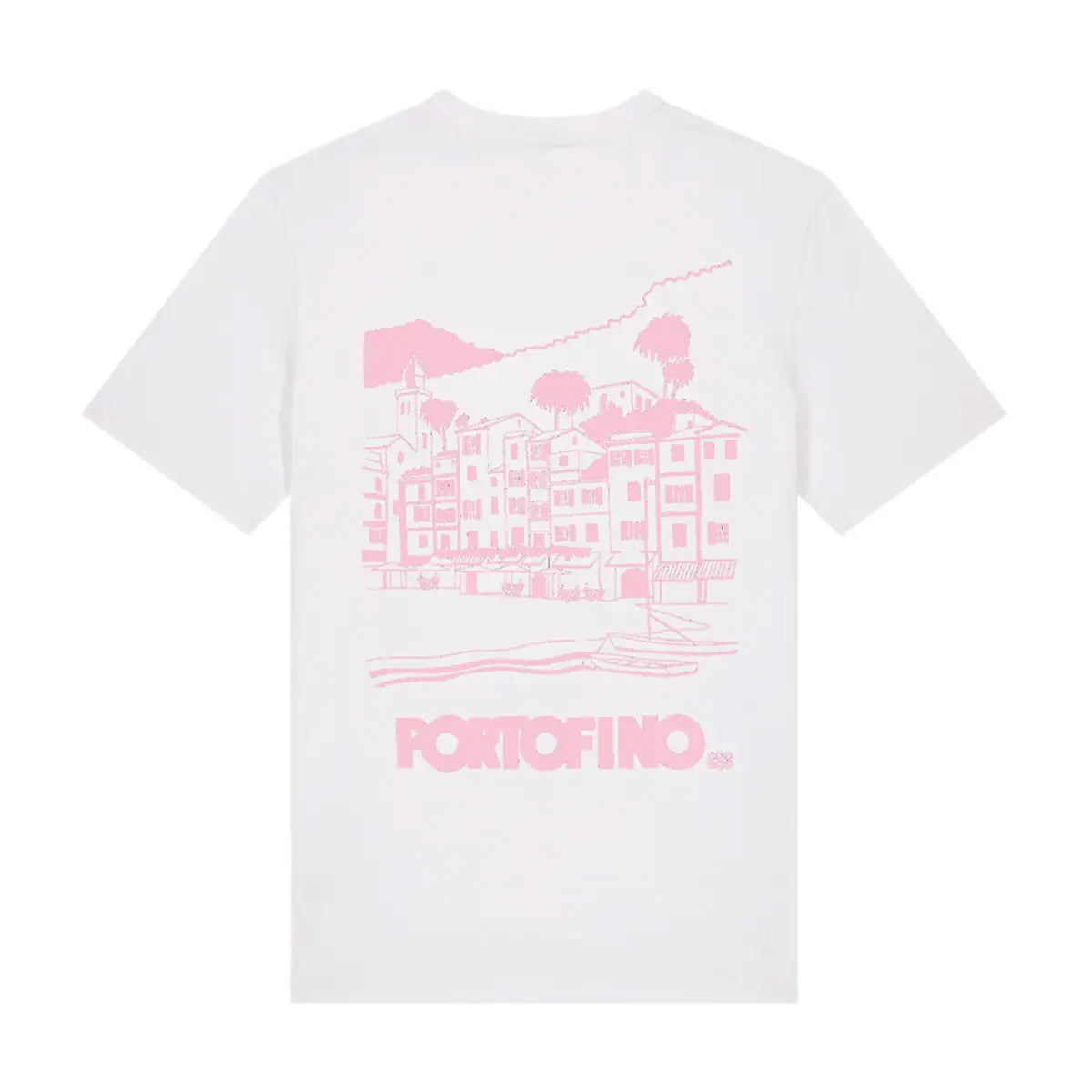 T-shirt Portofino bianca, vista del lato con stampa rosa.