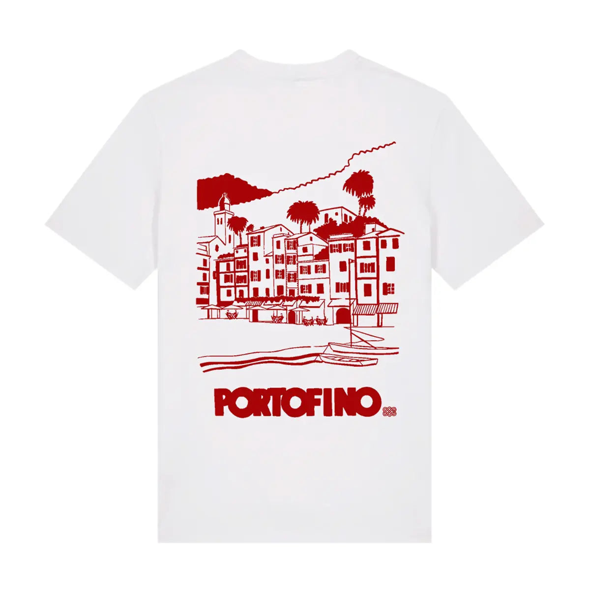 T-shirt Portofino bianca, vista del lato con stampa rossa.