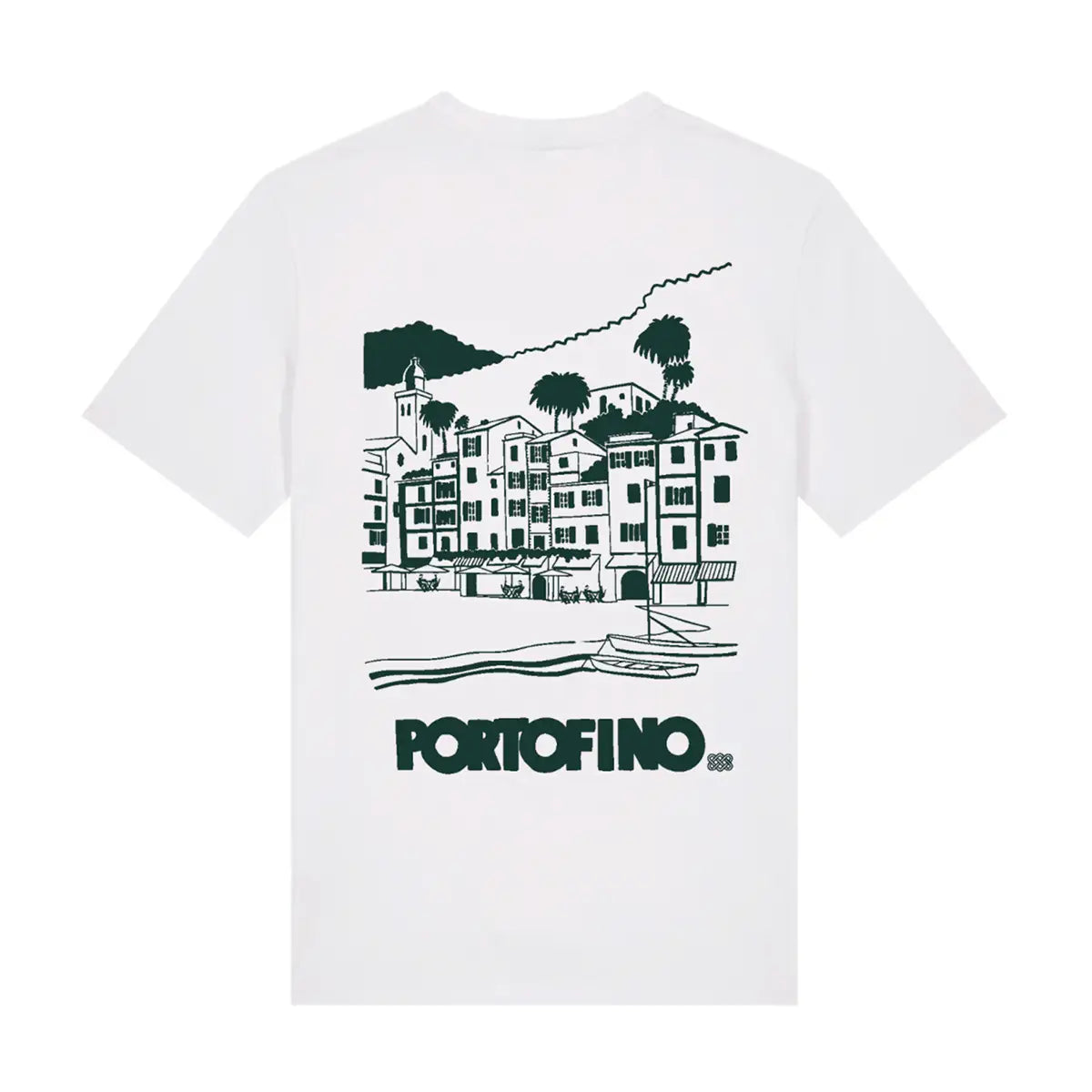 T-shirt Portofino bianca, vista del lato con stampa verde.