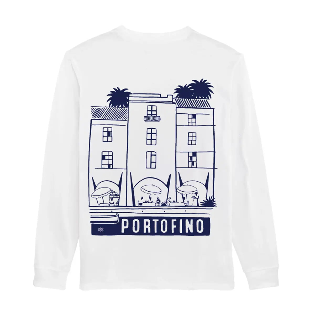 T-shirt Portofino bianca a maniche lunghe, vista del lato con stampa blu.