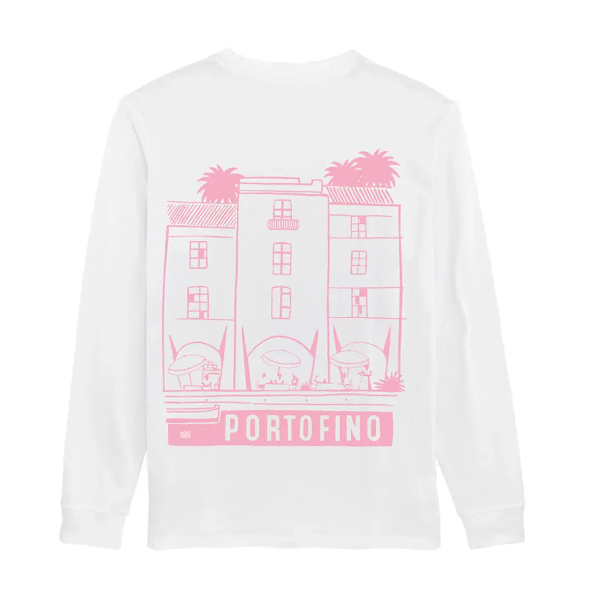 T-shirt Portofino bianca a maniche lunghe, vista del lato con stampa rosa.