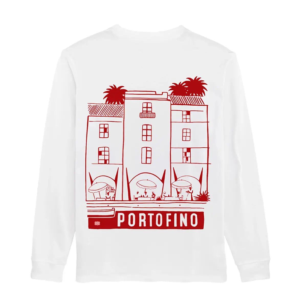 T-shirt Portofino bianca a maniche lunghe, vista del lato con stampa rossa.