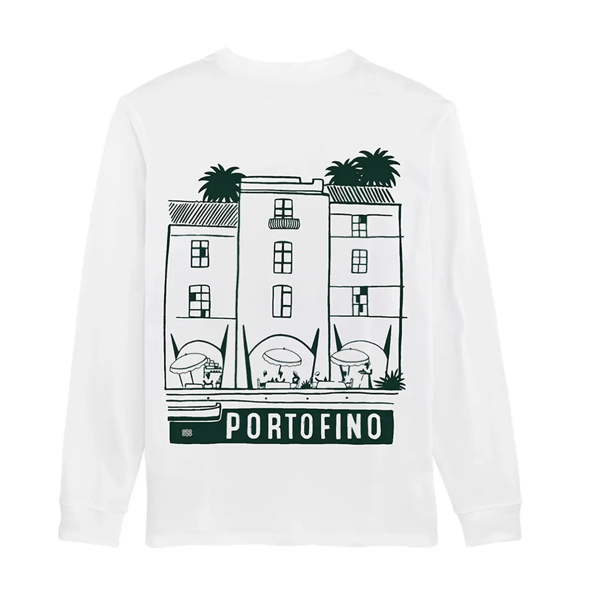 T-shirt Portofino bianca a maniche lunghe, vista del lato con stampa verde.