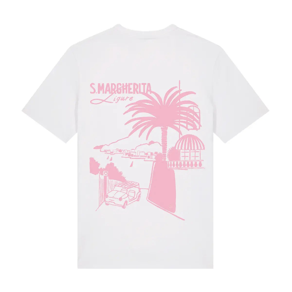 T-shirt Santa Margherita bianca, vista del lato con stampa rosa.