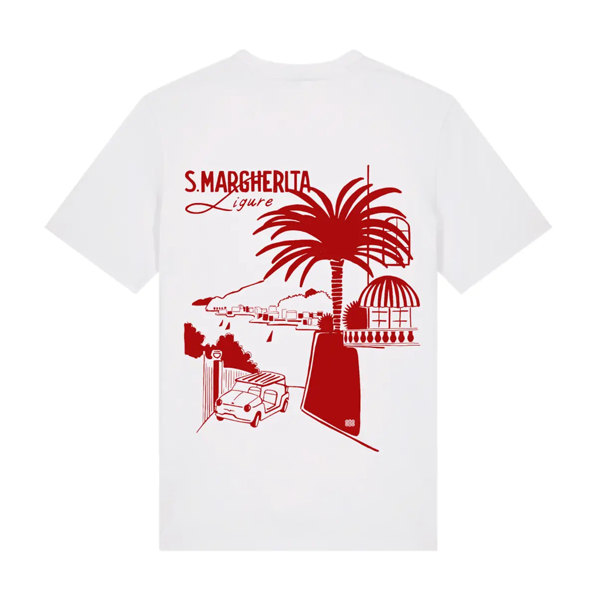 T-shirt Santa Margherita bianca, vista del lato con stampa rossa.