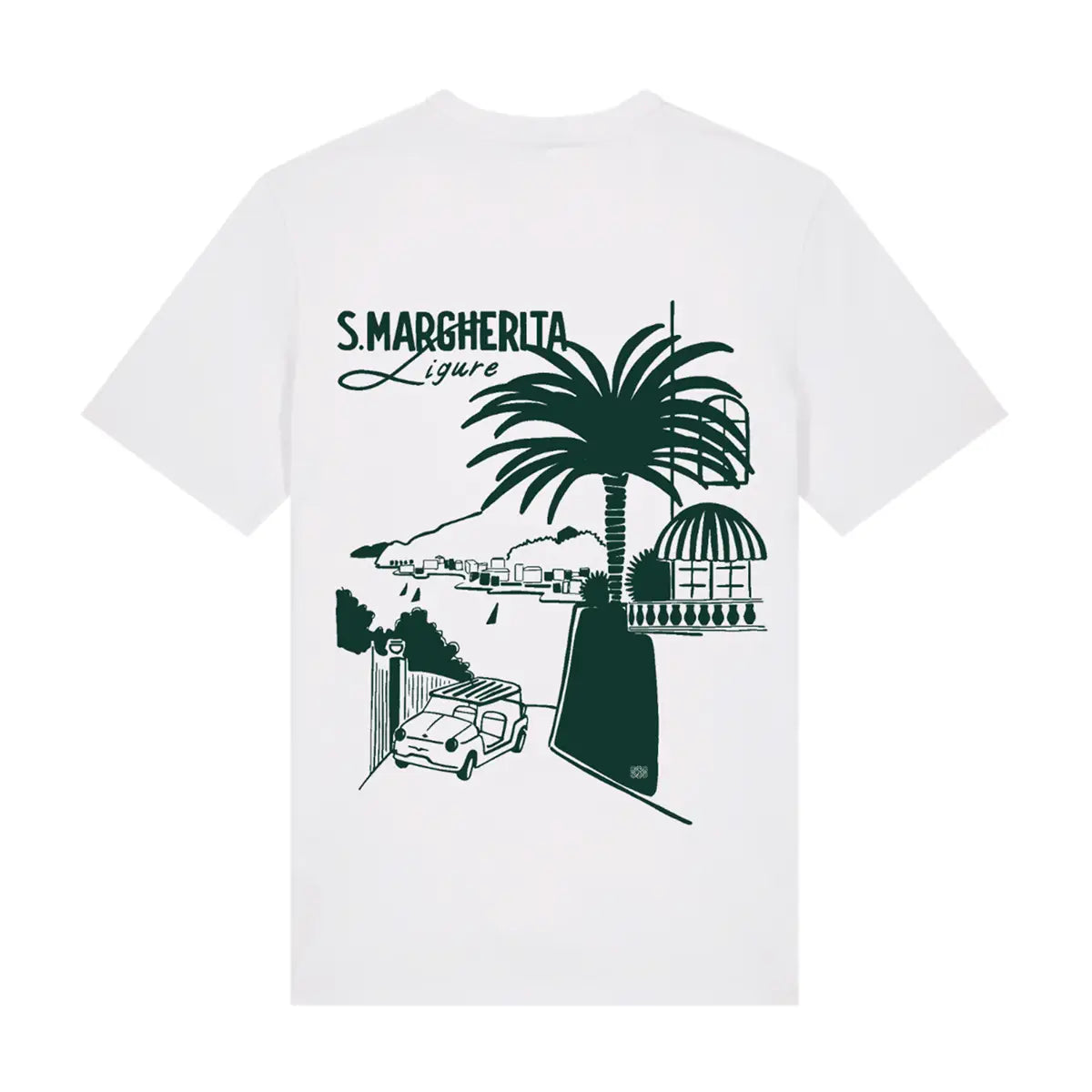 T-shirt Santa Margherita bianca, vista del lato con stampa verde.