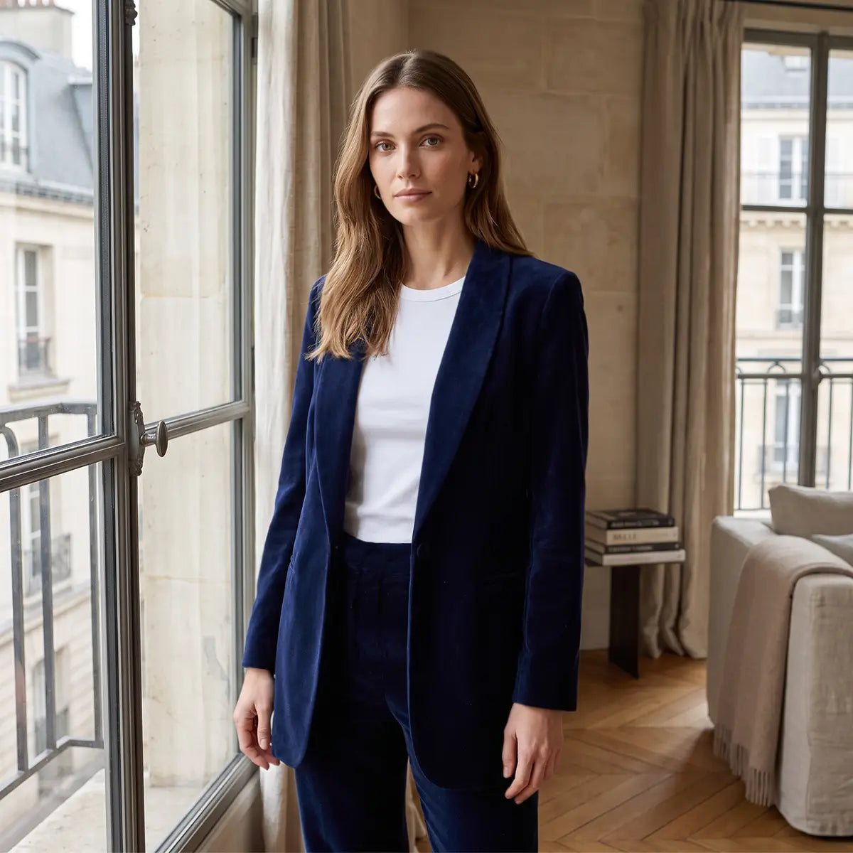 TEA, blazer in ciniglia blu con revers e tasche frontali, su modella.