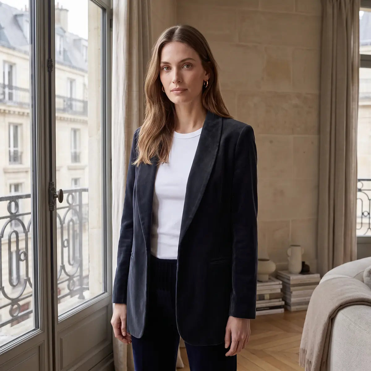 TEA, blazer in ciniglia grigia con revers e tasche frontali, su modella.