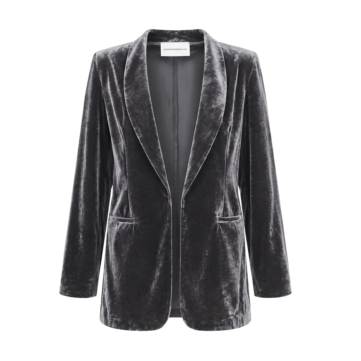 TEA, blazer in ciniglia grigia con revers e tasche frontali.