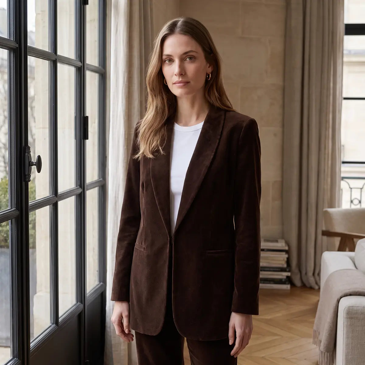 TEA, blazer in ciniglia marrone con revers e tasche frontali, su modella.