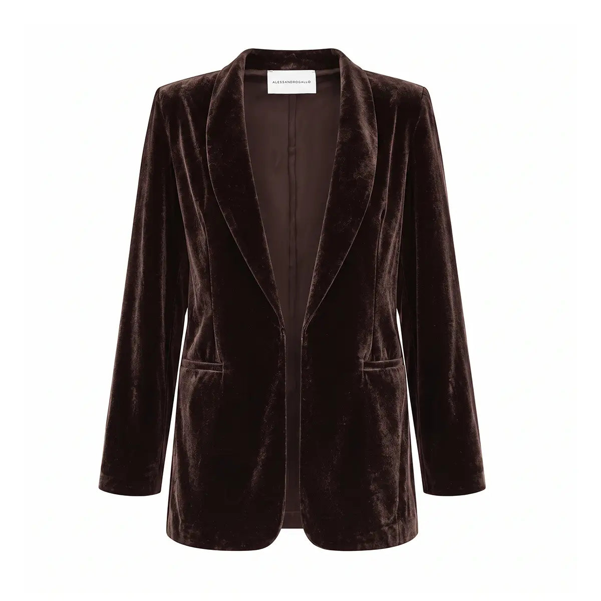 TEA, blazer in ciniglia marrone con revers e tasche frontali.