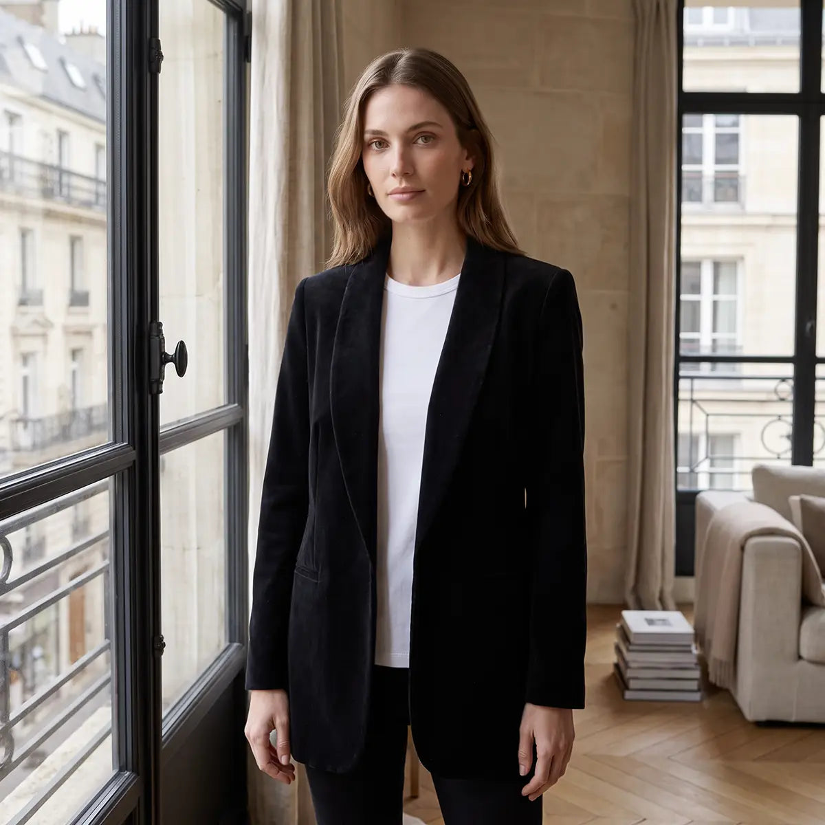 TEA, blazer in ciniglia nera con revers e tasche frontali, su modella.