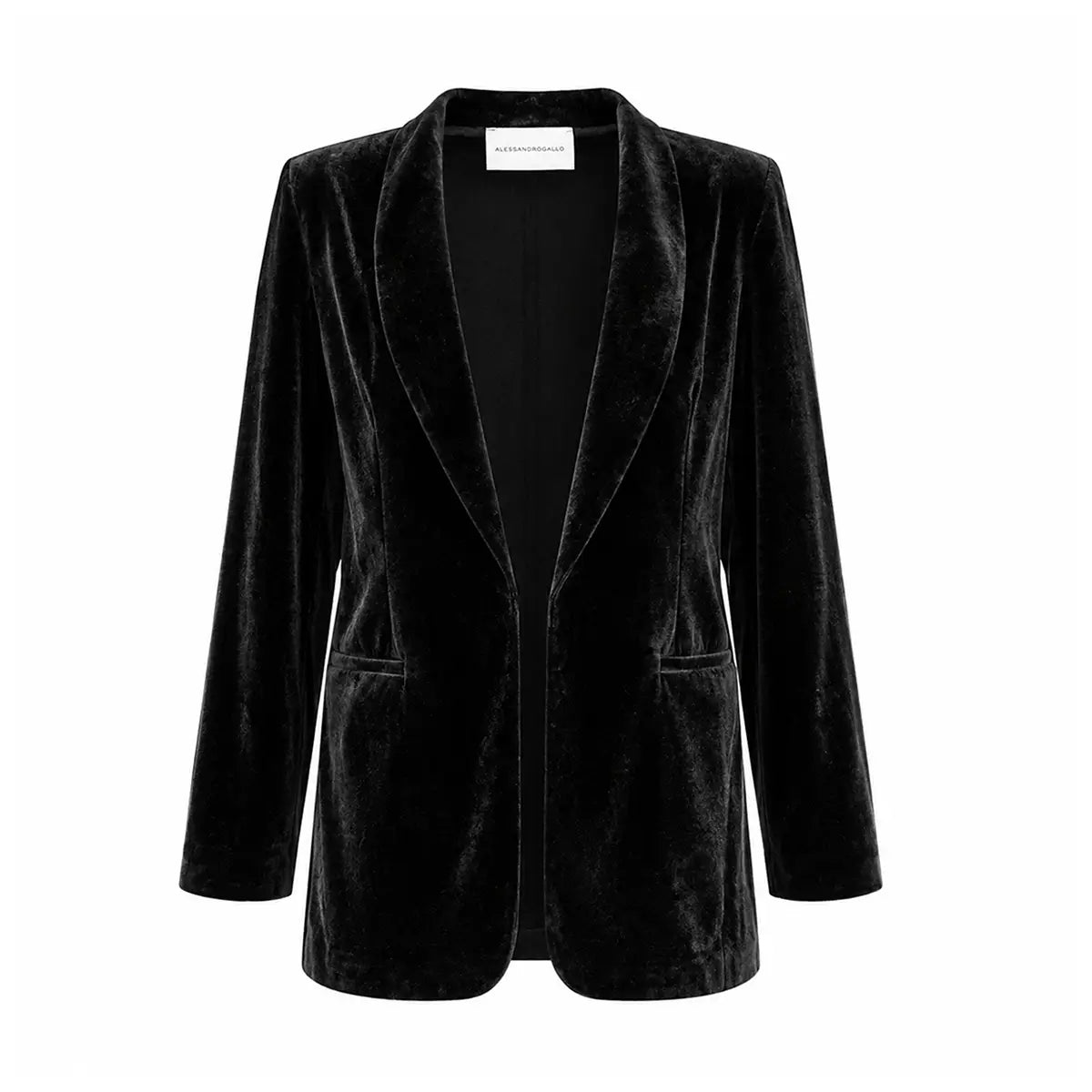 TEA, blazer in ciniglia nera con revers e tasche frontali.