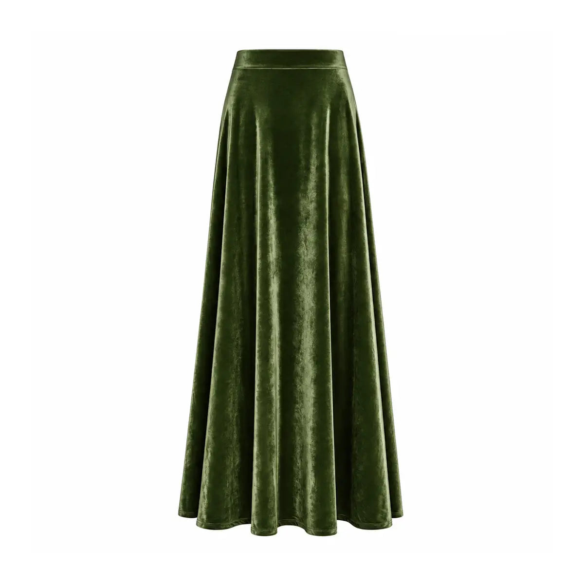 TOSCA, gonna lunga in ciniglia verde con linea svasata.