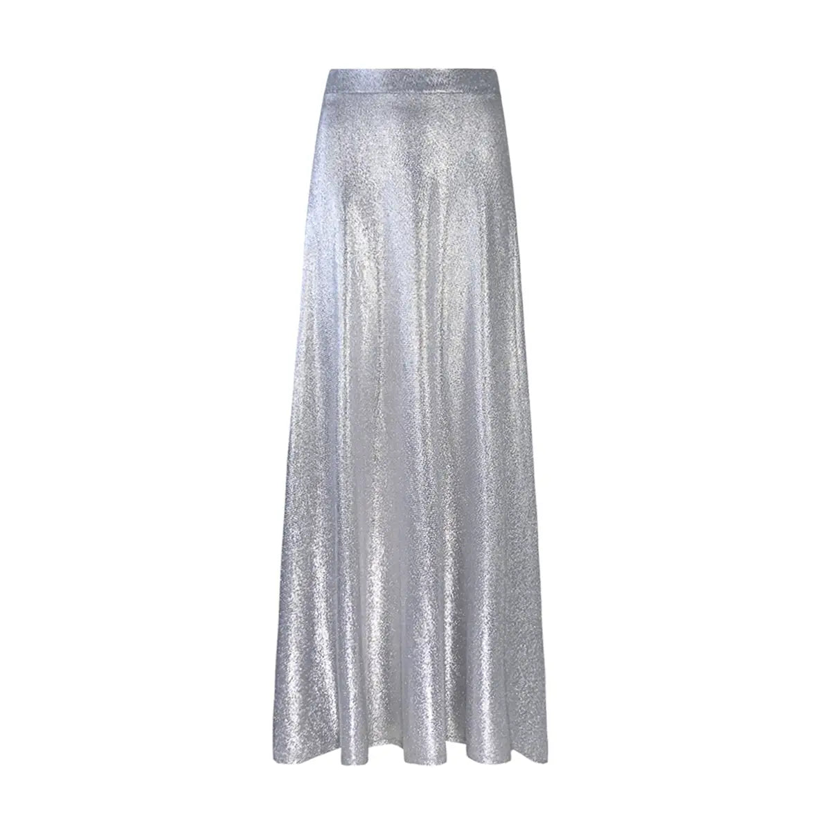 TOSCA, gonna lunga in lurex argento con linea svasata.