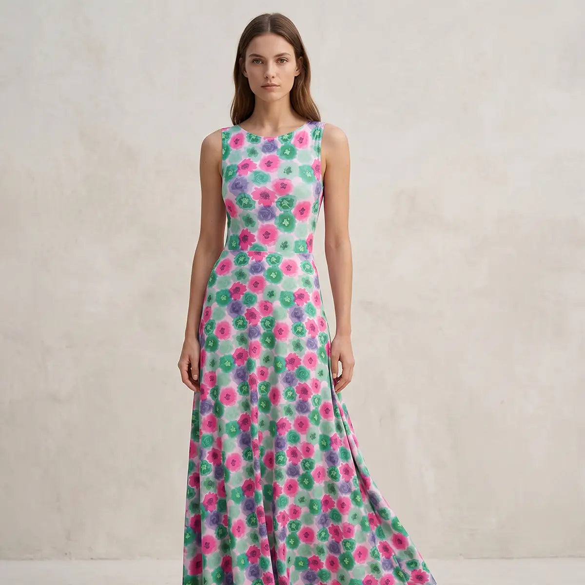 TOSCA, gonna lunga in lycra fantasia Peonies con linea svasata, su modella.