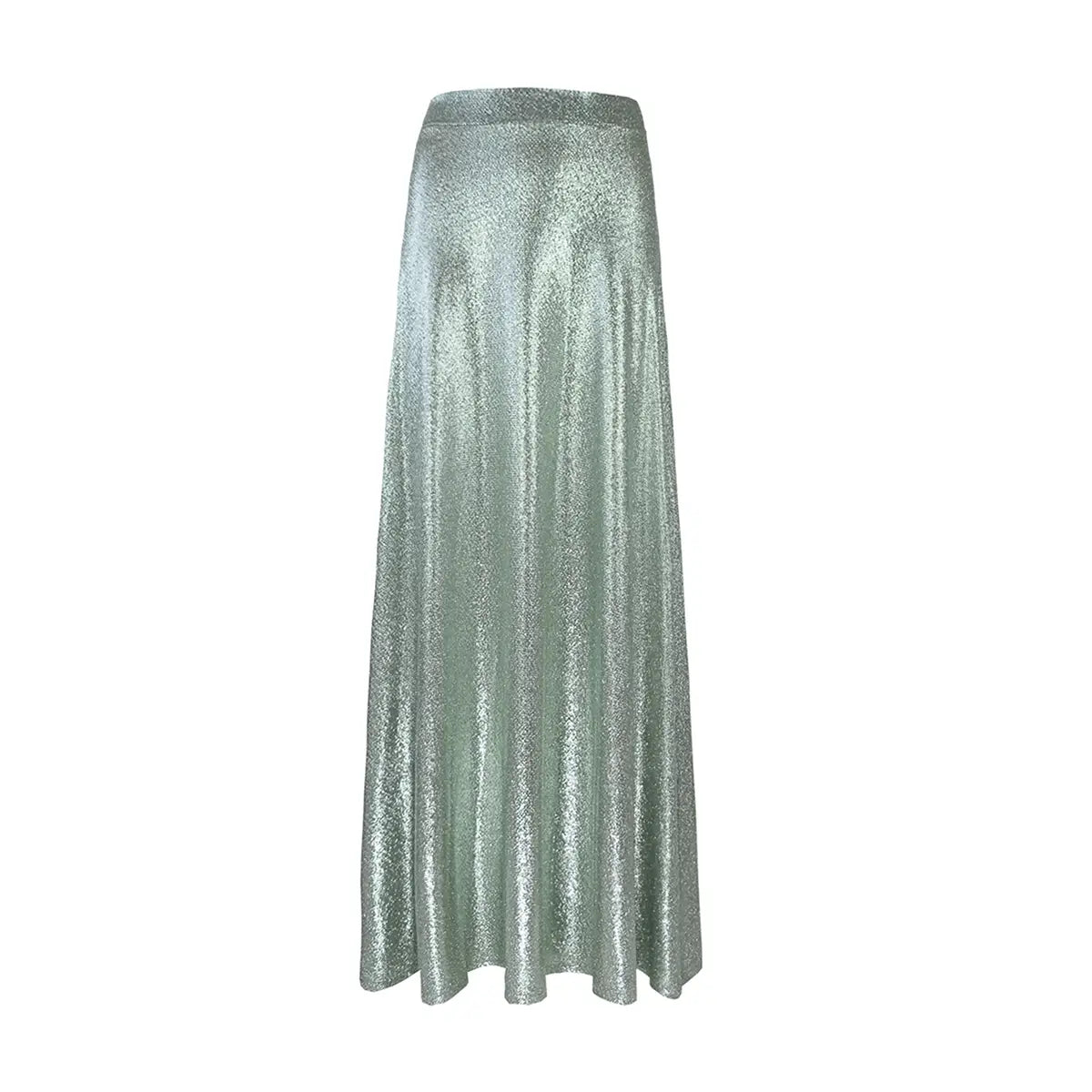 gonna ampia e lunga TOSCA di Alessandra Gallo lurex verde chiaro con vita elasticizzata - vista frontale -  Stardust Collection